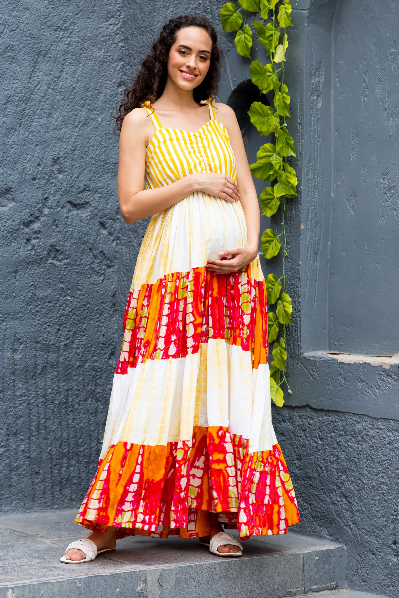 Serene Yellow Tie & Dye Flowy Maternity & Nursing Dress - Chenance