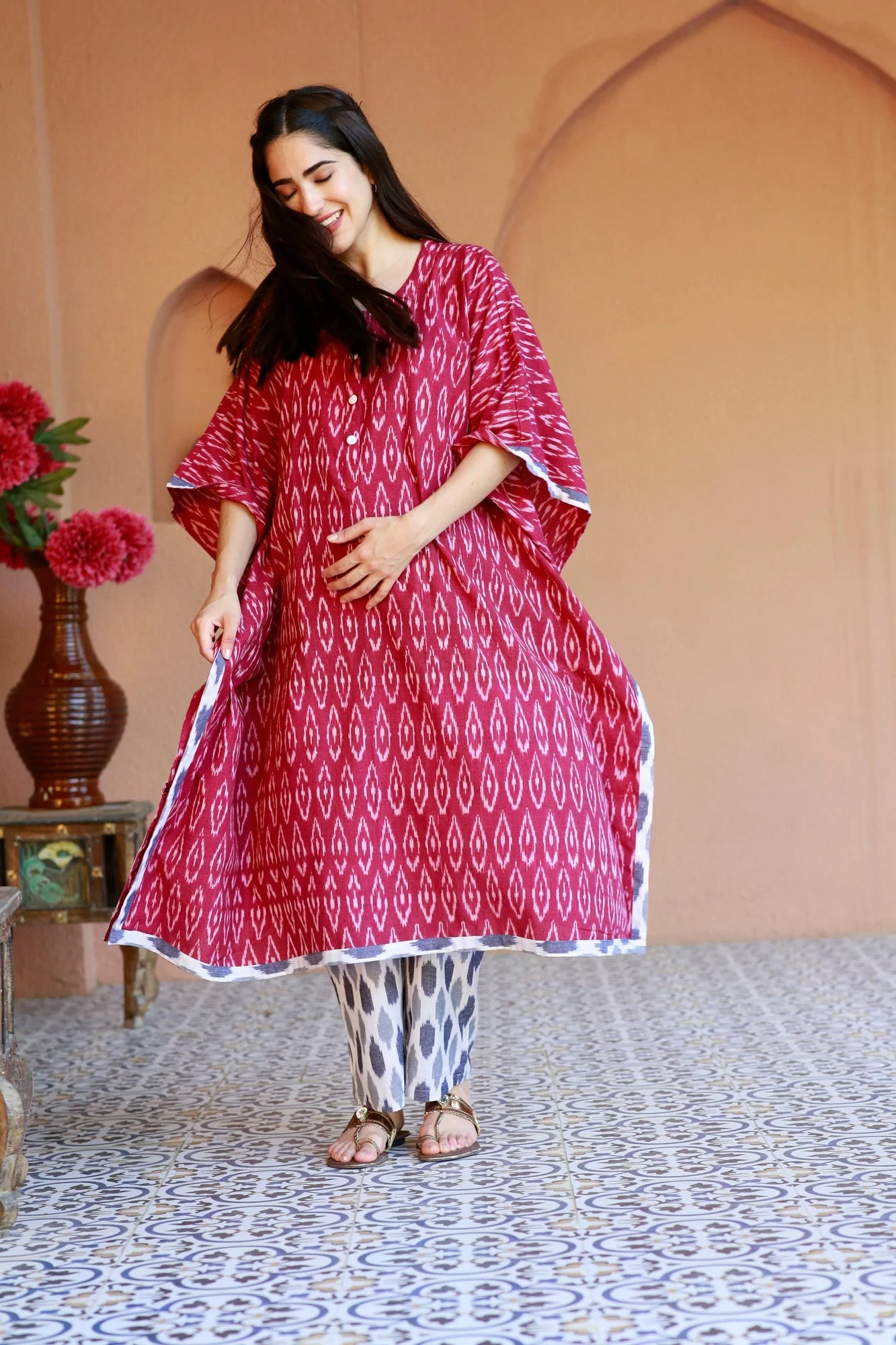 Rouge Ikat Maternity & Nursing Kaftan Set (100% Cotton) - Chenance