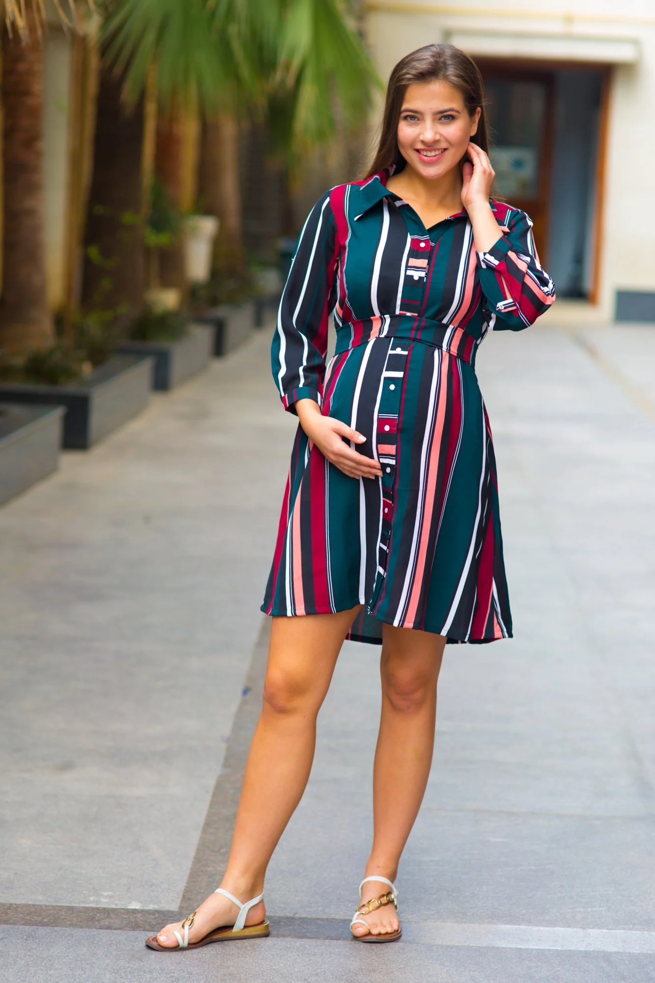 Chic Striped Maternity & Nursing Shirt Dress - Chenance