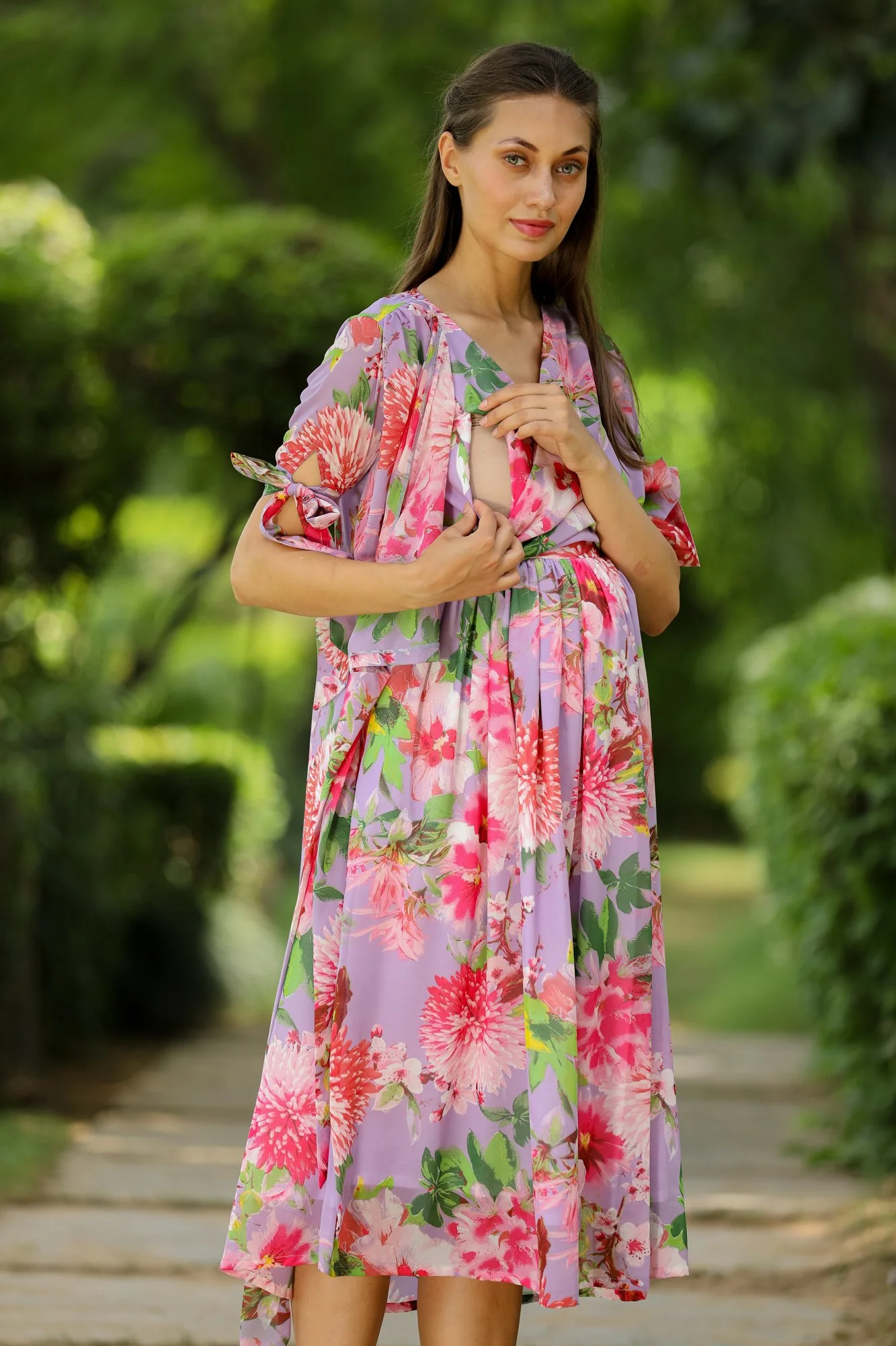 Lavender Bloom Maternity & Nursing Midi Wrap Dress - Chenance