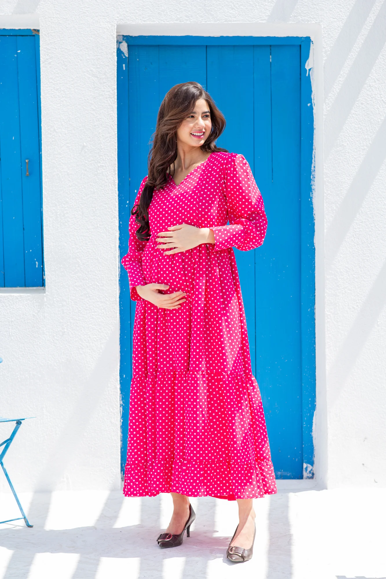 Classy Fuchsia Dotted Maternity And Nursing Dress - Chenance