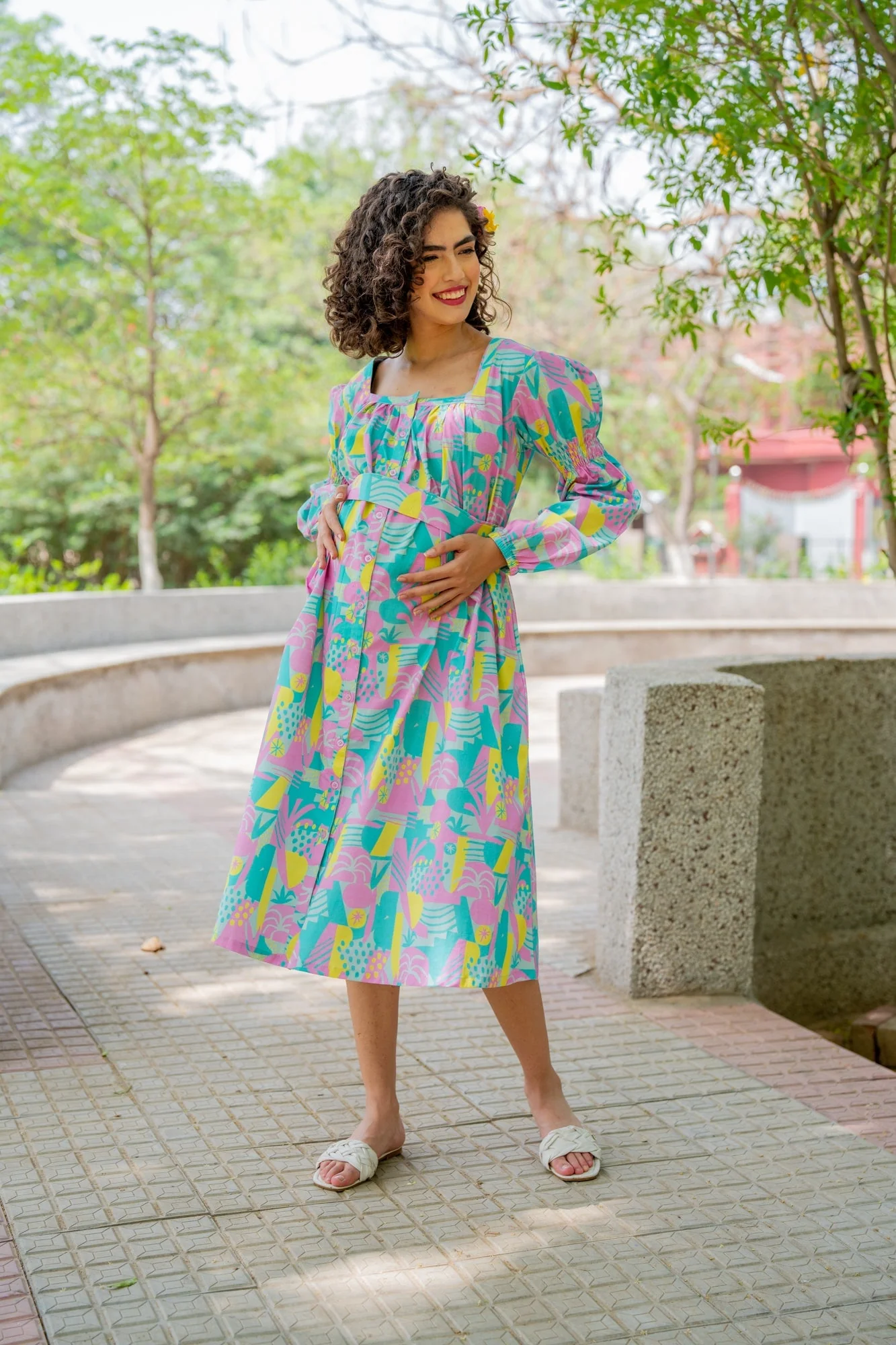 Dusty Blue Yellow Abstract Maternity & Nursing Dress (100% Cotton) - Chenance