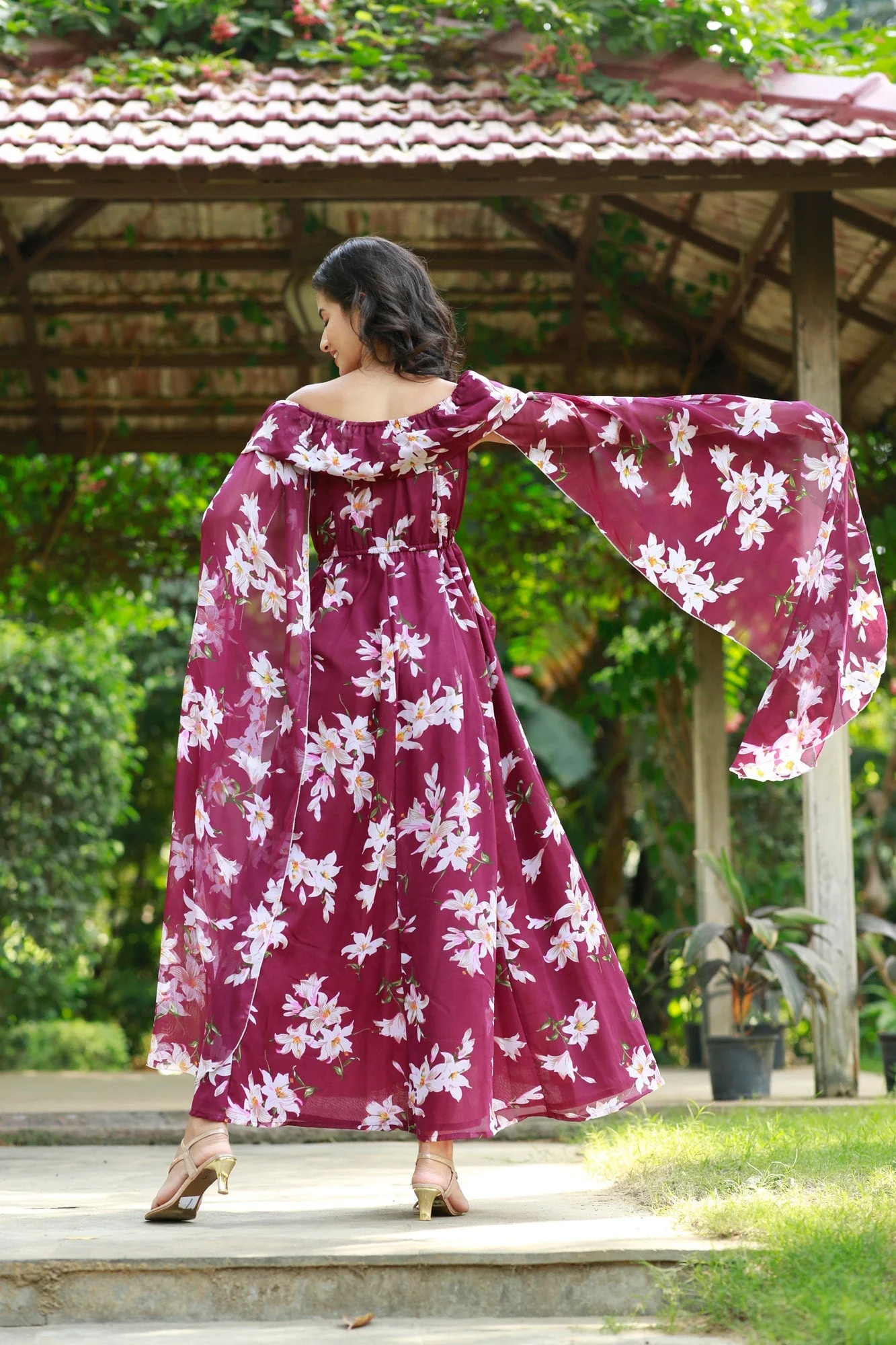 Burgundy Cascading Floral Flying Sleeves Maternity & Nursing Dress - Chenance