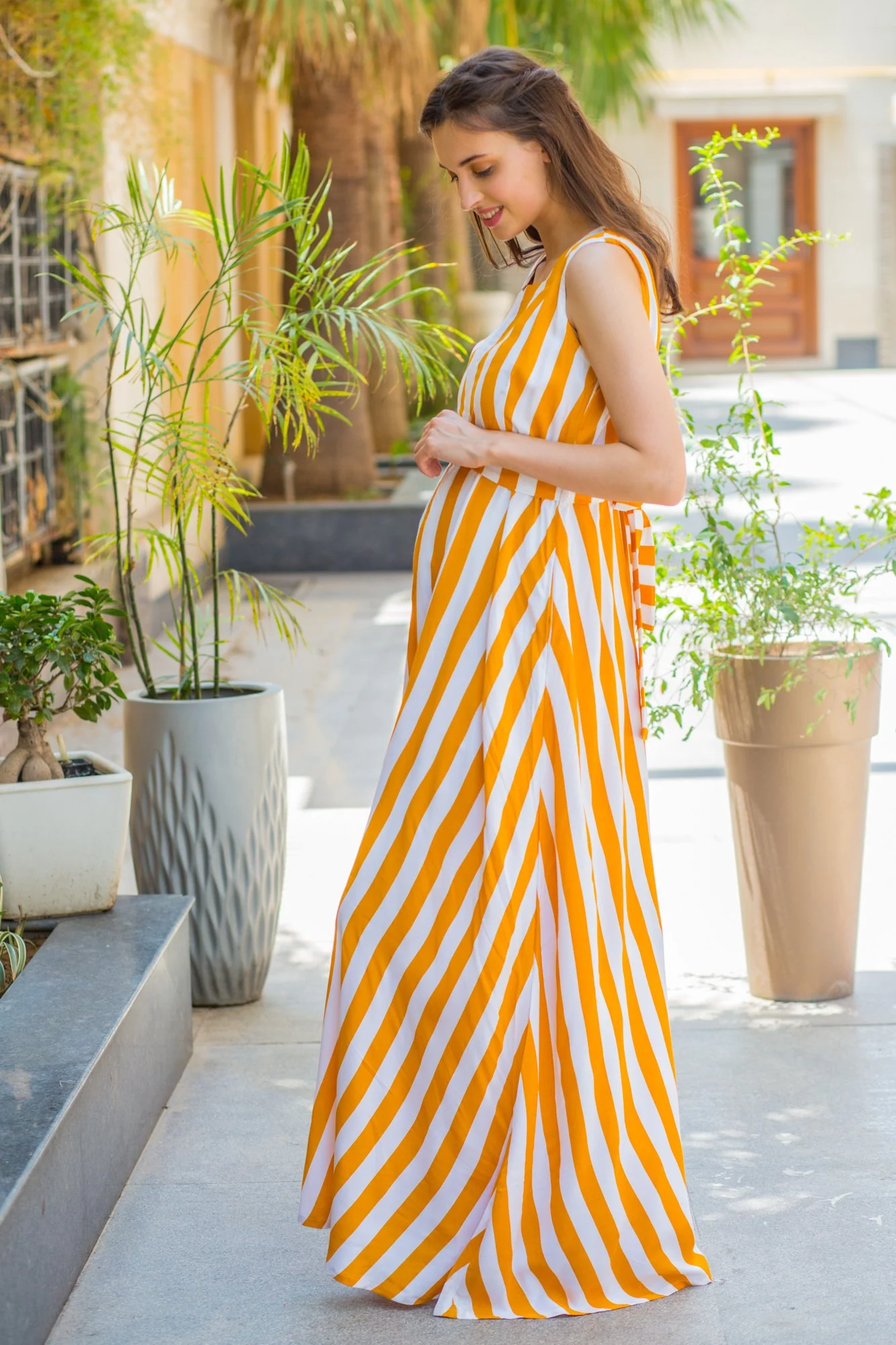 Mustard Striped Maternity & Nursing Dress - Chenance