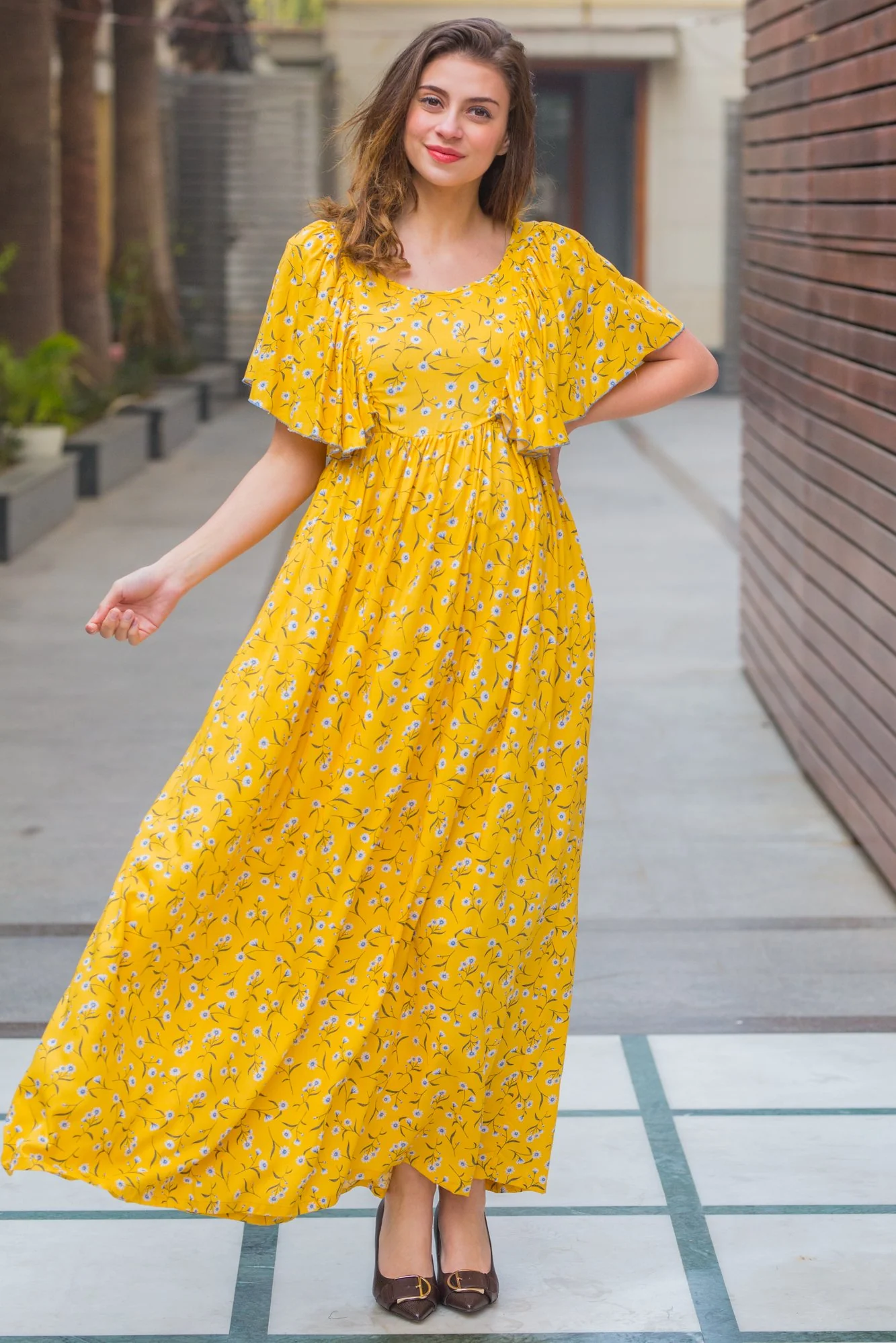 Serene Yellow Maternity & Nursing Flap Dress - Chenance