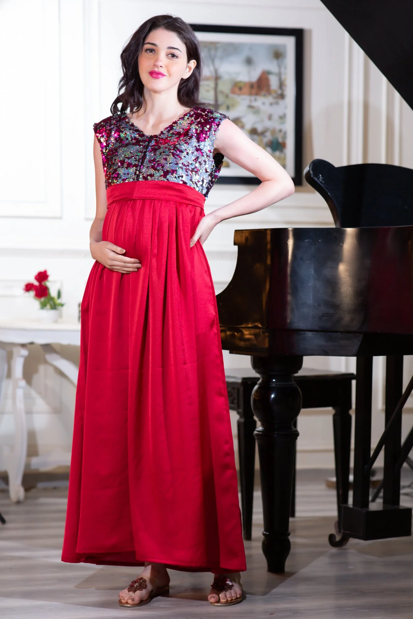Luxe Red Gold Sequin Maternity & Nursing Dress - Chenance