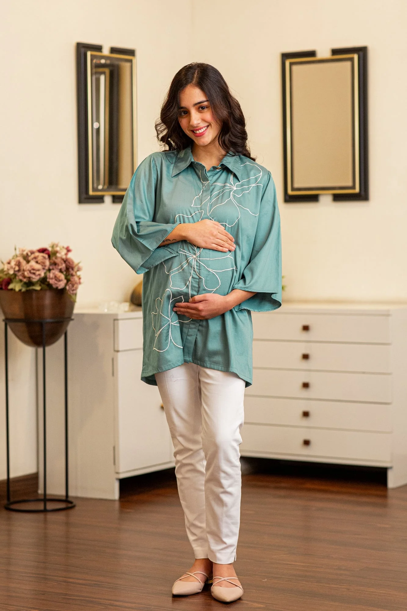 Premium Dusty Cyan Green Embroidered Maternity & Nursing Shirt - Chenance