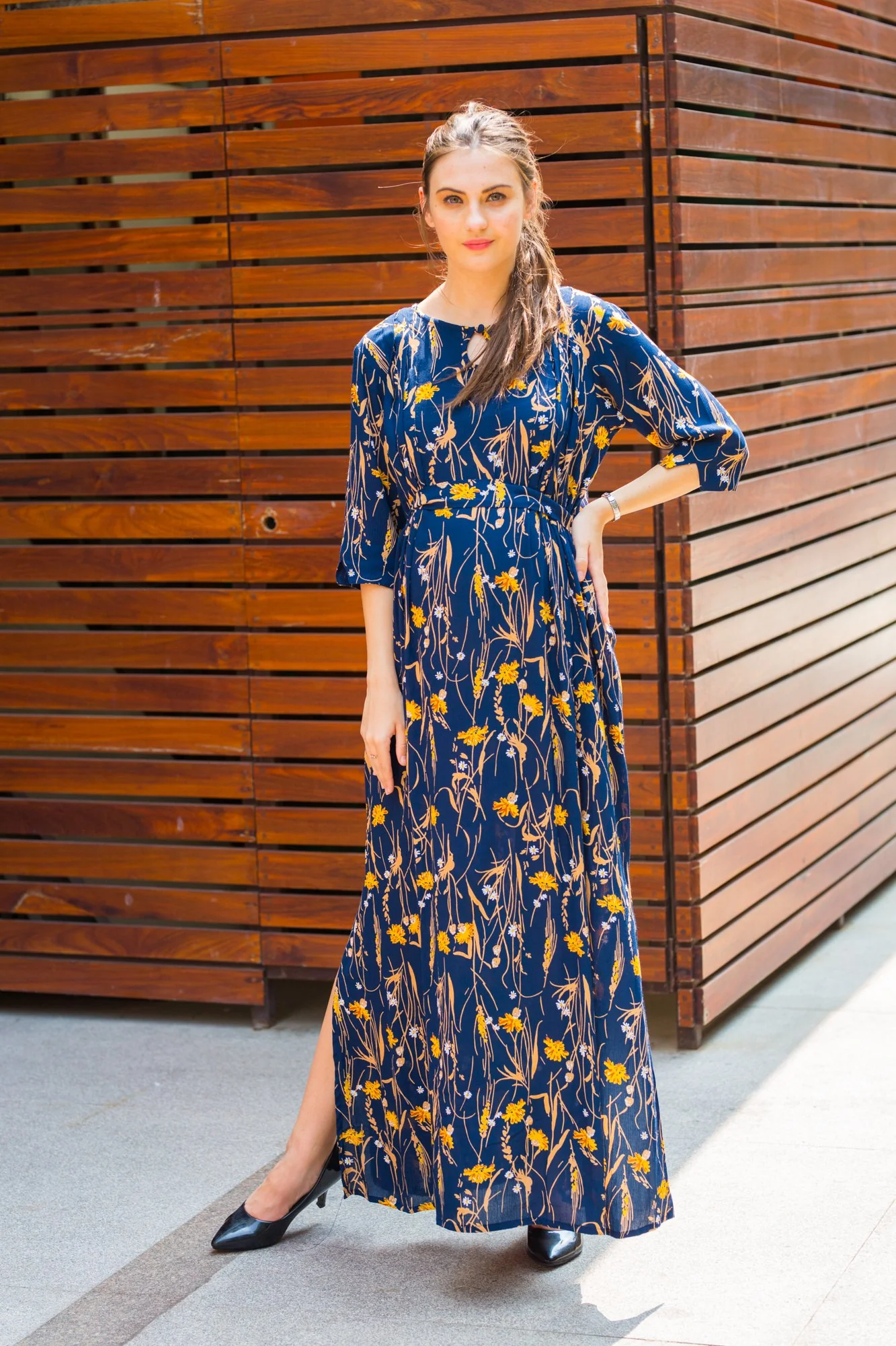 Azure Ebony Side Slit Maternity & Feeding Dress - Chenance