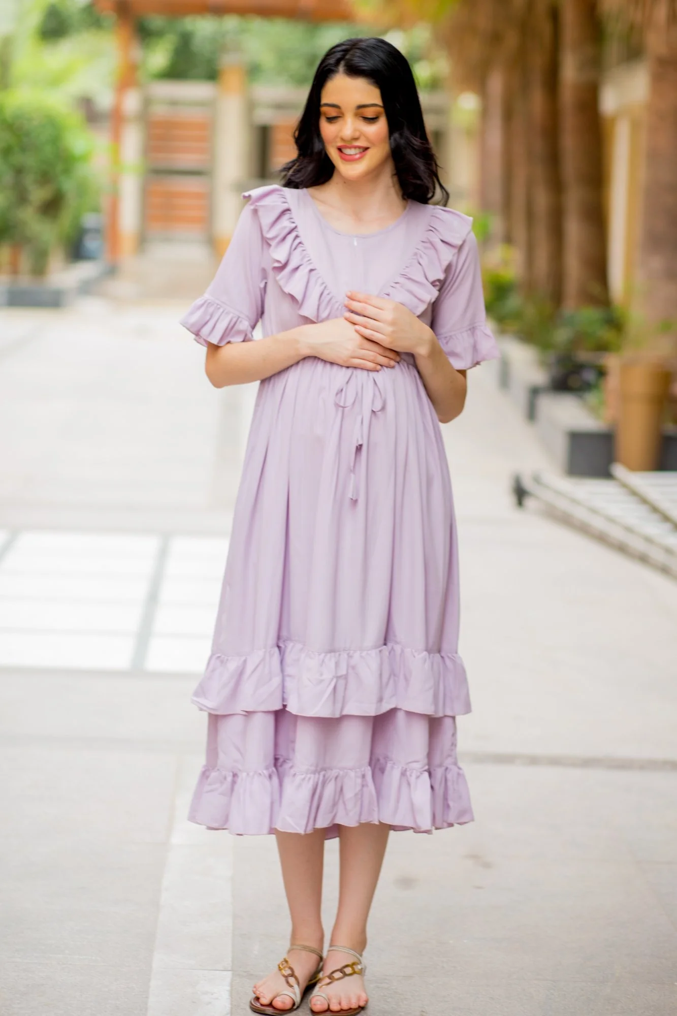 Lavender Front Frill Maternity & Nursing Midi Dress - Chenance