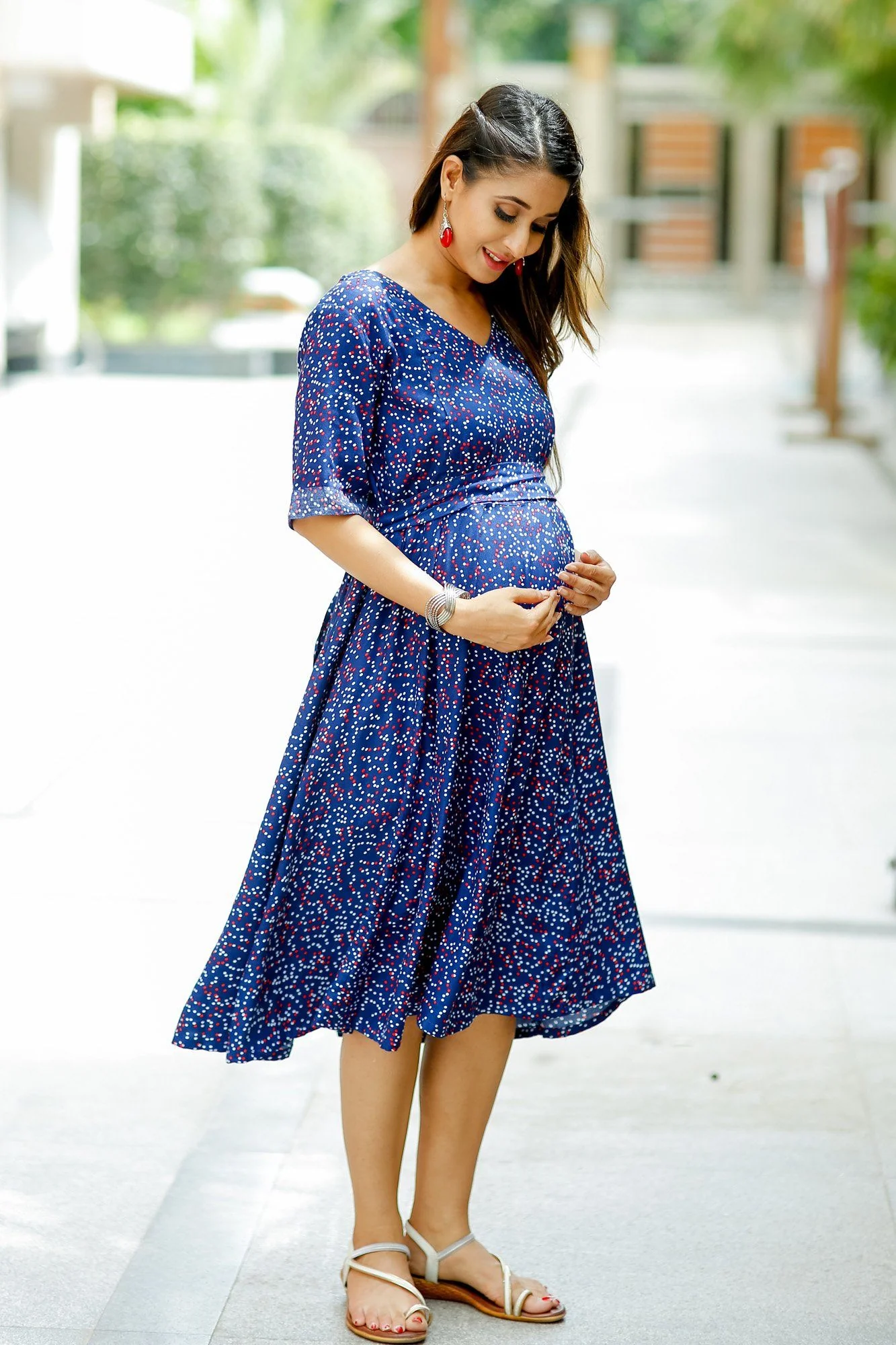 Blue Red White Polka Concealed Zips Maternity & Nursing Dress - Chenance