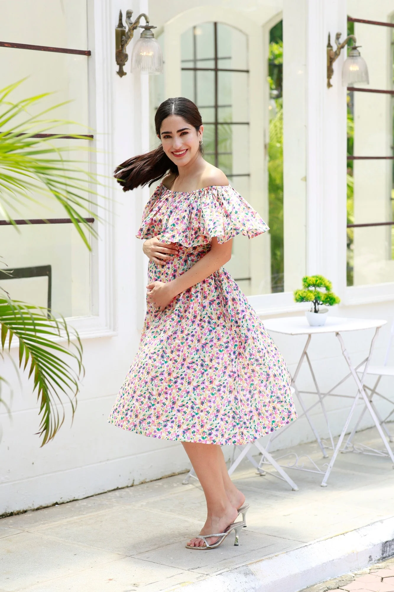 Candy Rosy Pink Off-Shoulder Maternity Frill Dress - Chenance