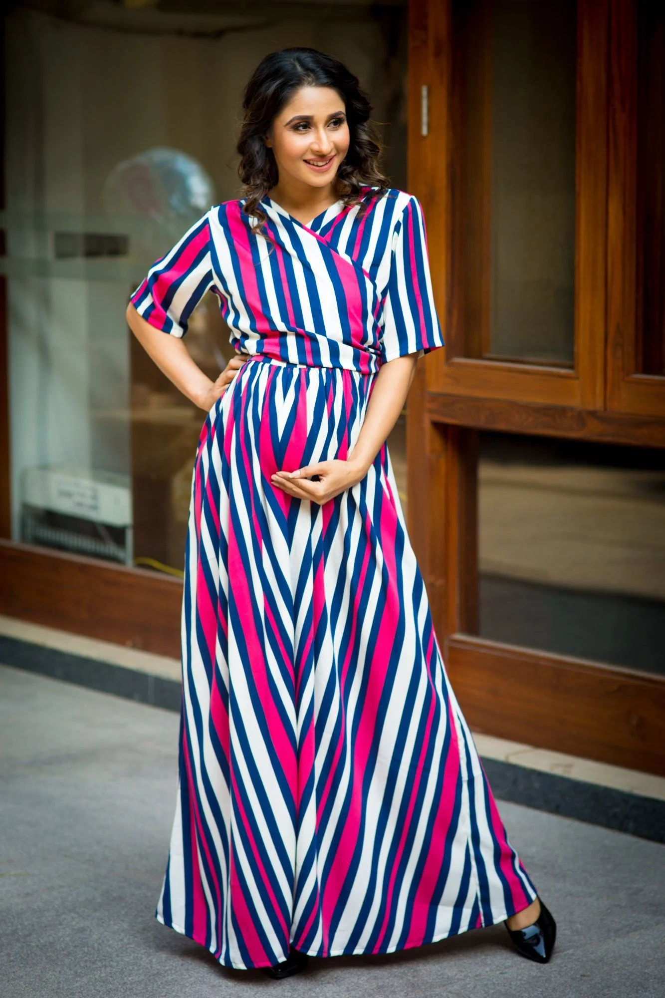 Royal Navy Magenta Striped Maternity & Nursing Wrap Dress - Chenance