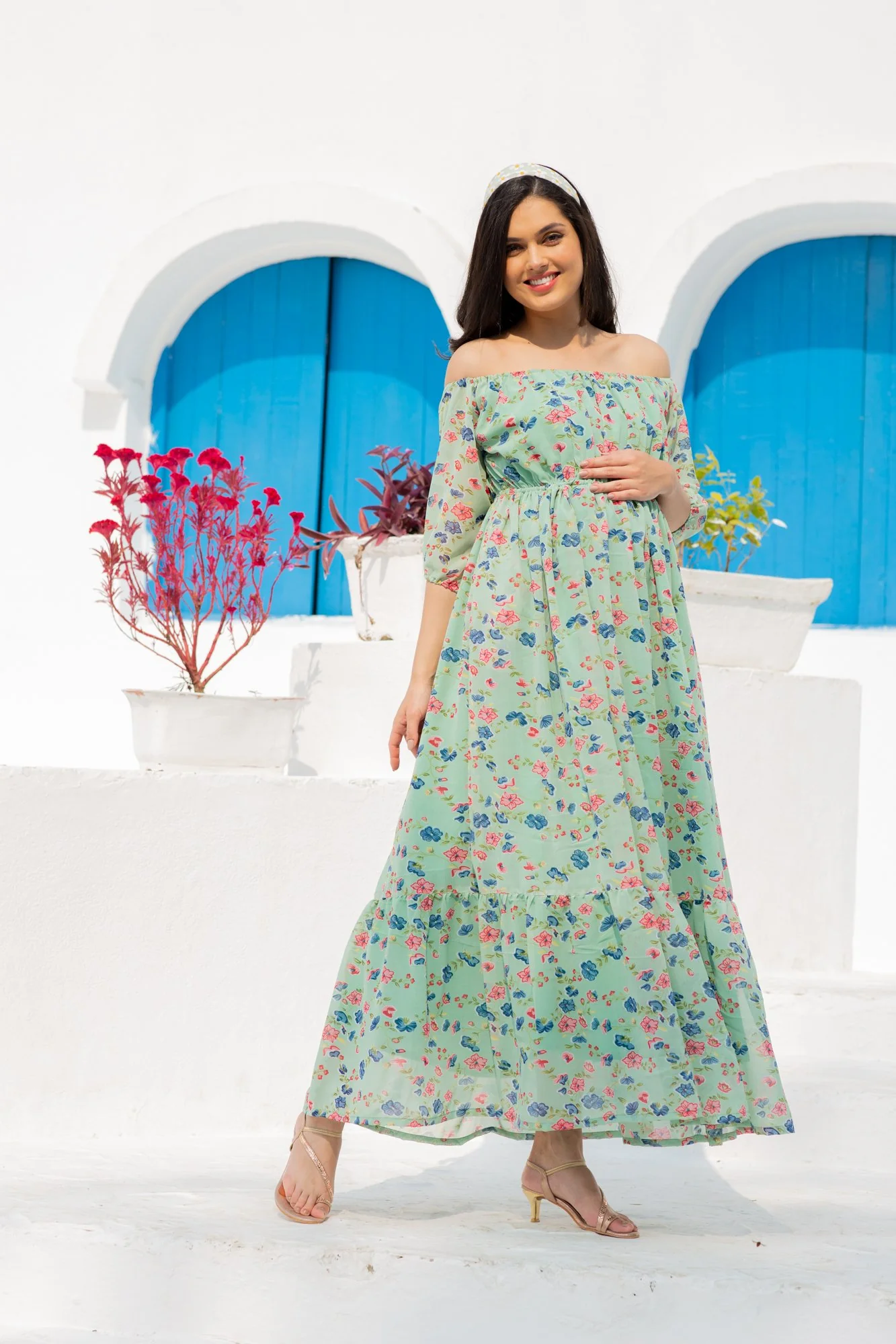 Mint Green Floral Dual Off-Shoulder Boat Neck Maternity & Nursing Maxi Dress - Chenance