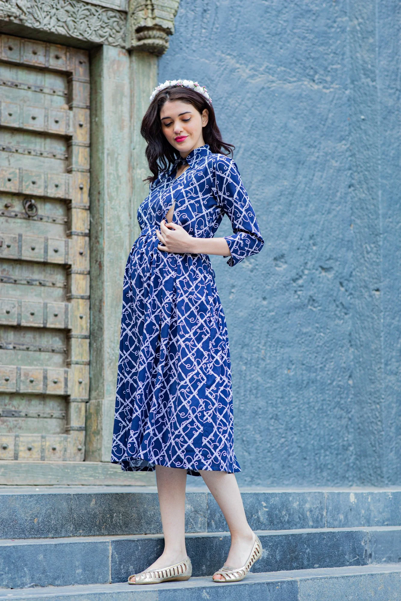 Classic Navy Abstract Maternity & Nursing Button Dress - Chenance