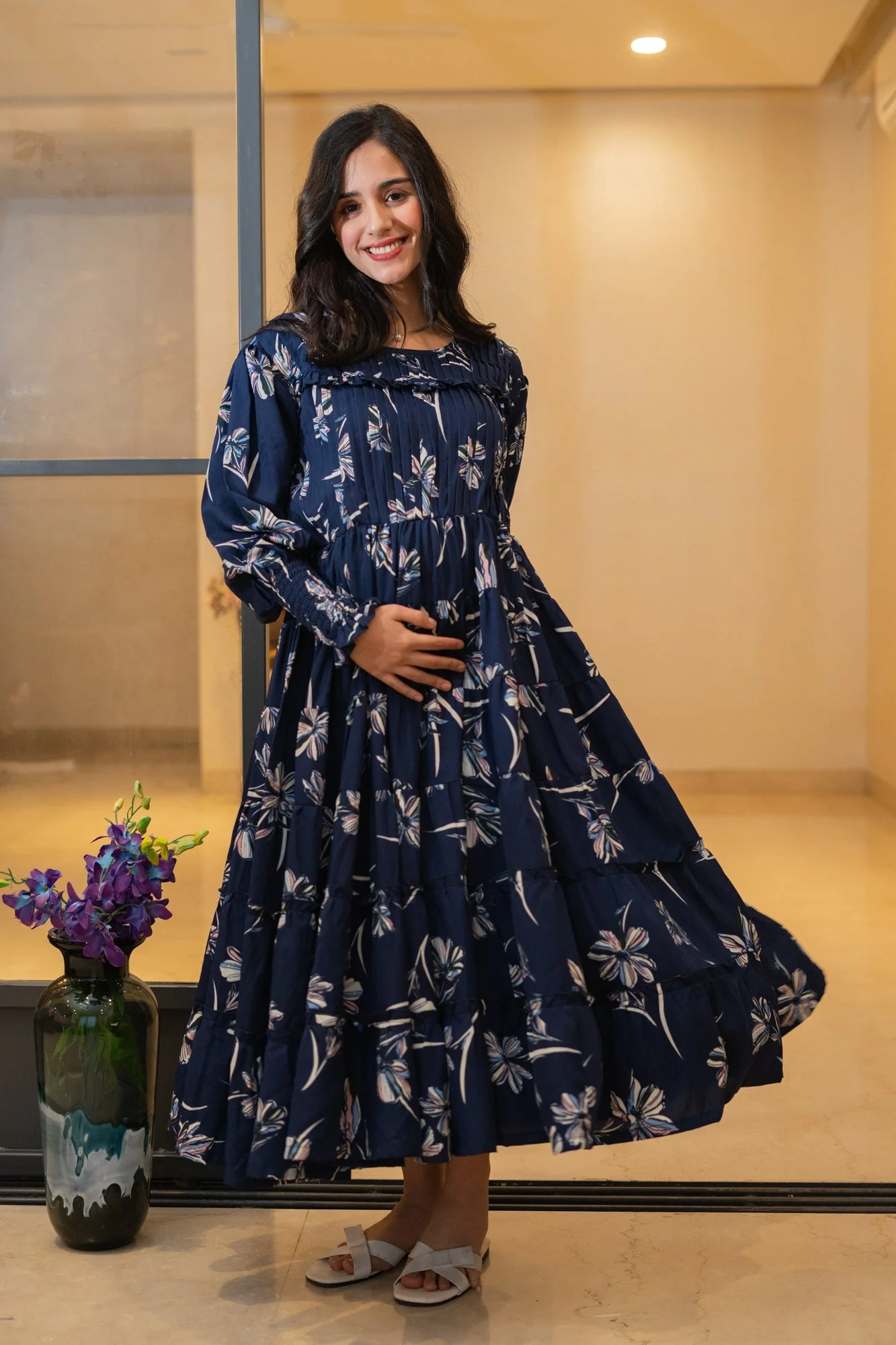 Midnight Blue Retro Crepe Blossom Formal Maternity & Nursing Pintucks Frill Dress - Chenance
