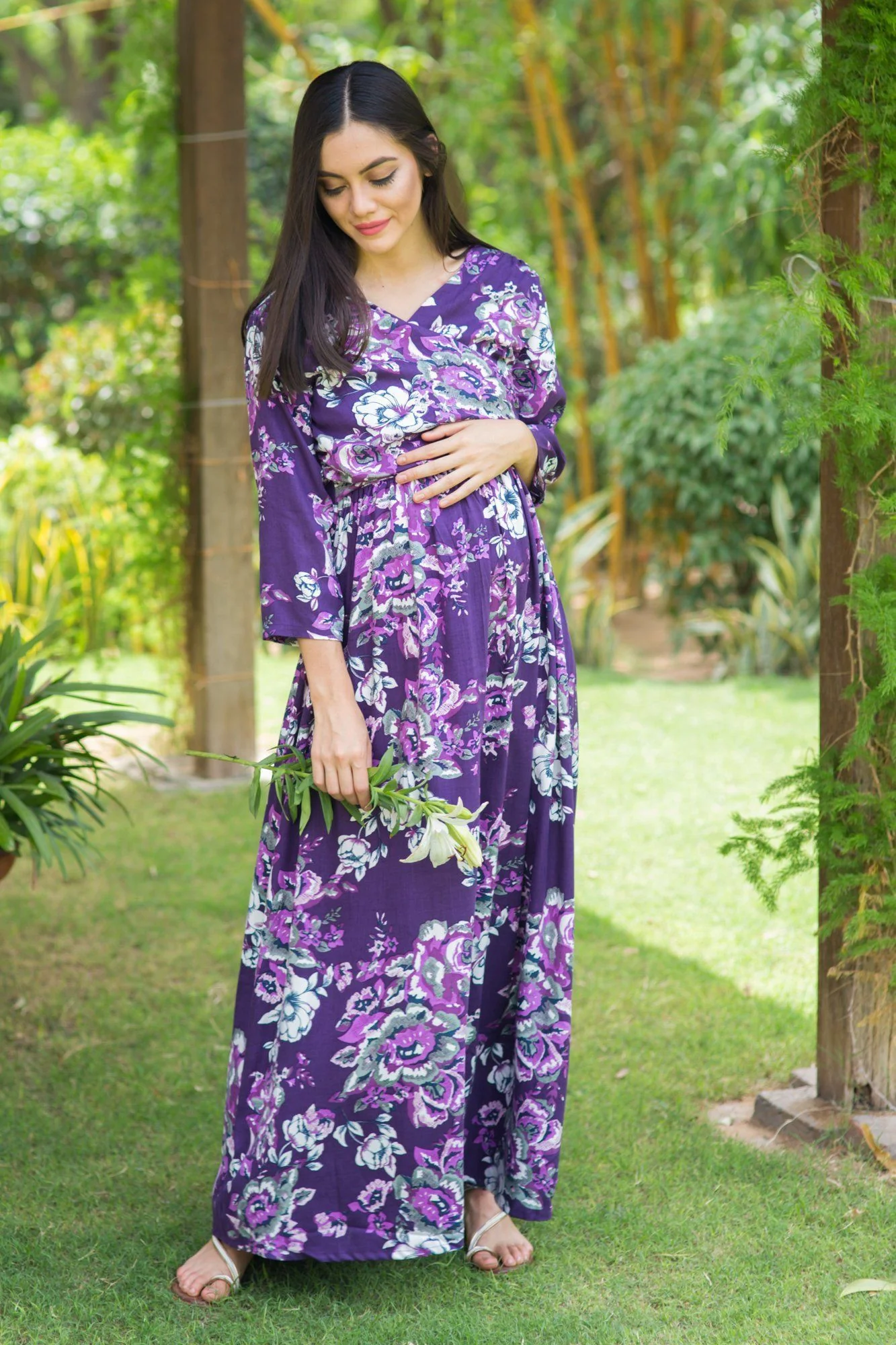 Lilac Floral Cotton Nursing Wrap Dress - Chenance
