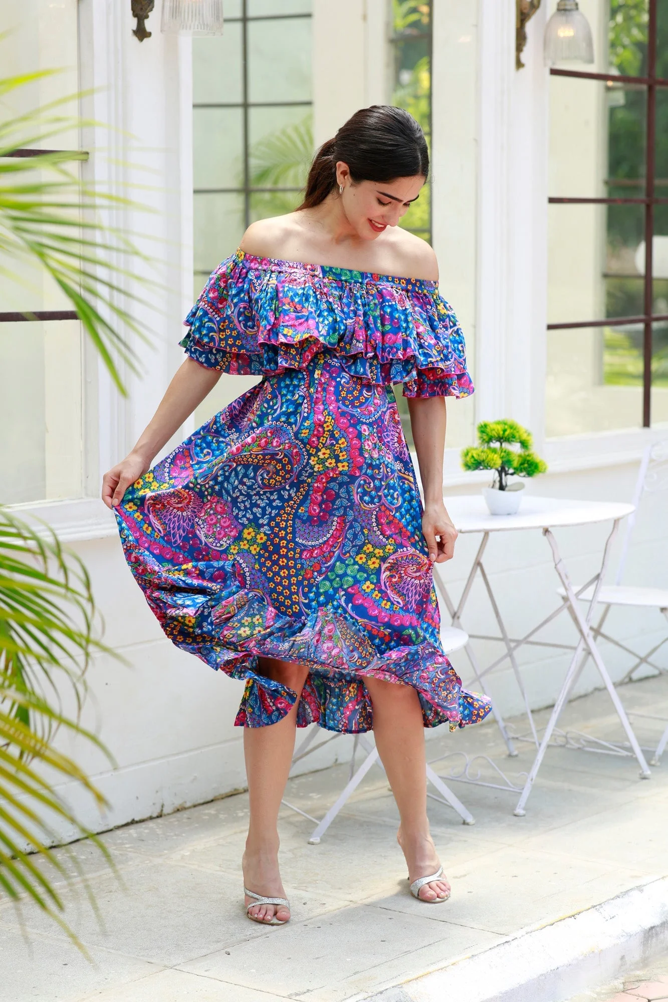 Cheery Colorful Blue Off-Shoulder Maternity Frill Dress - Chenance