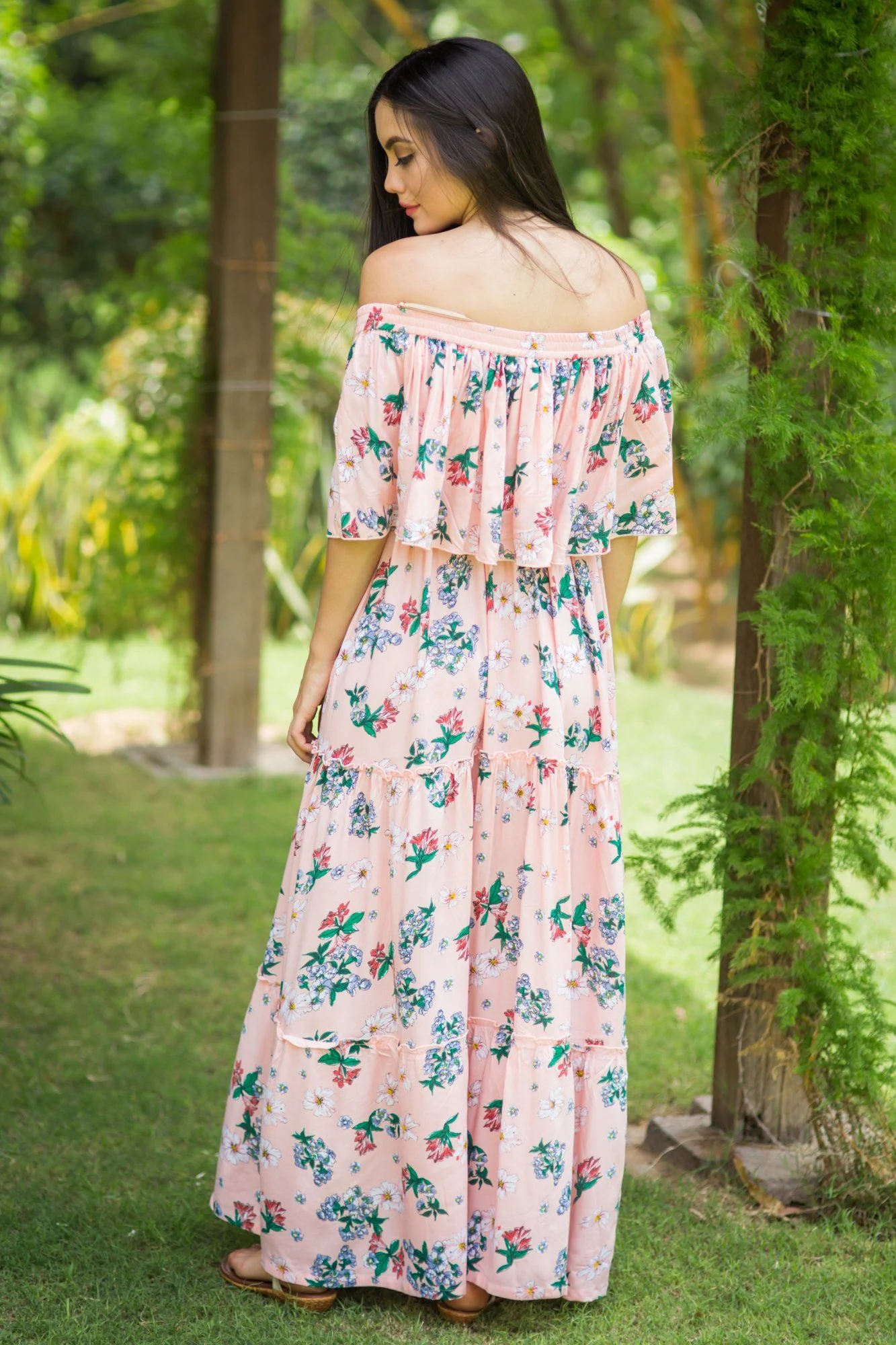 Rose Peach Off-Shoulder Maternity Maxi - Chenance
