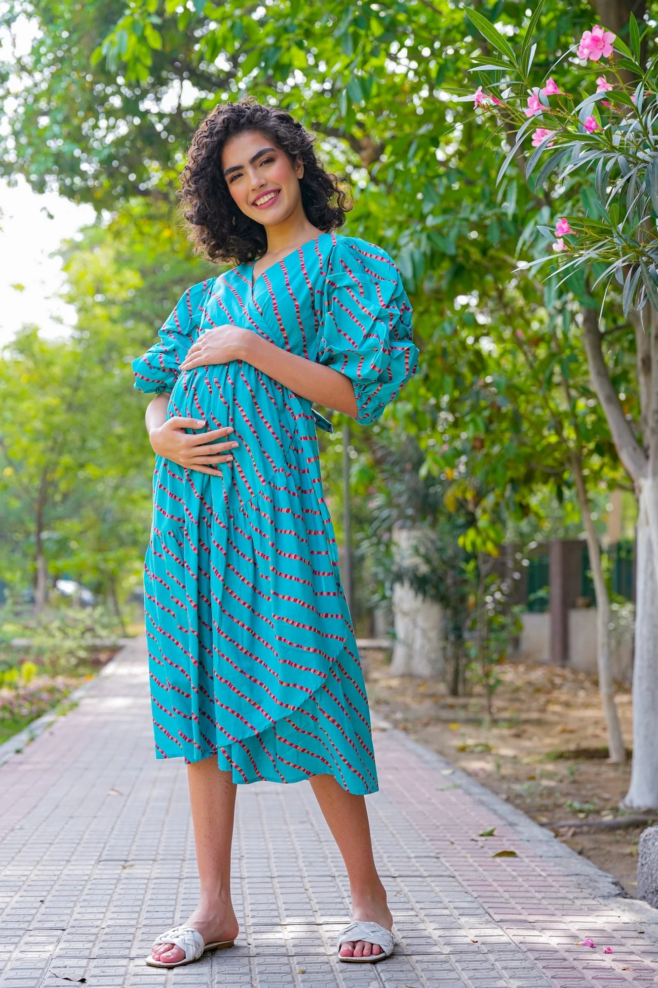 Charming Cerulean Blue Maternity & Nursing Frill Wrap Dress (100% Cotton) - Chenance