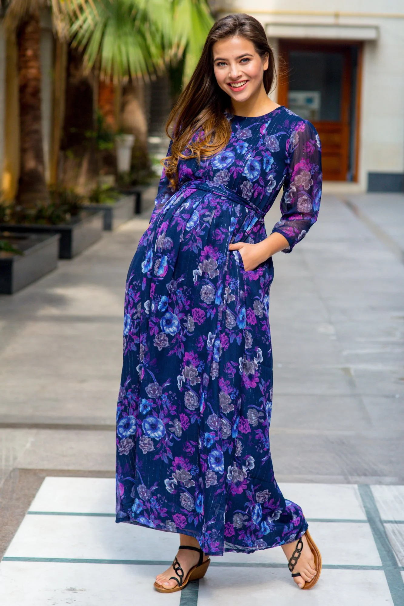 Luxe Chiffon Violet Floral Maternity & Nursing Dress - Chenance