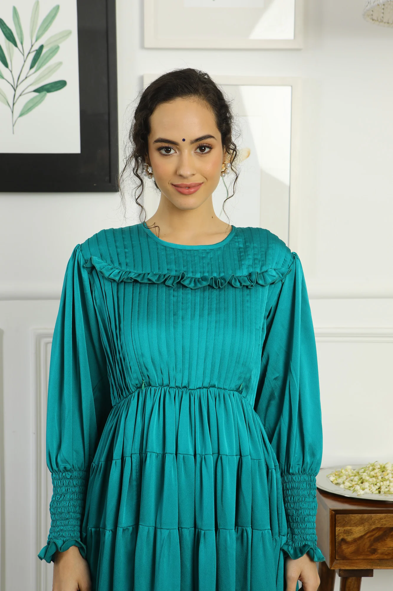 Premium Satin Emerald Green Formal Maternity & Nursing Pintucks Frill Dress - Chenance