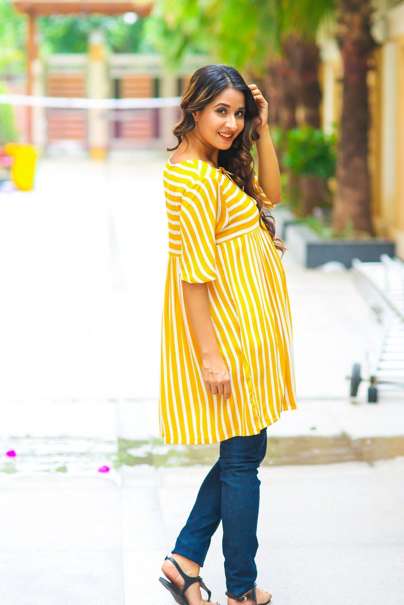 Mustard Striped Gathered Maternity Top - Chenance