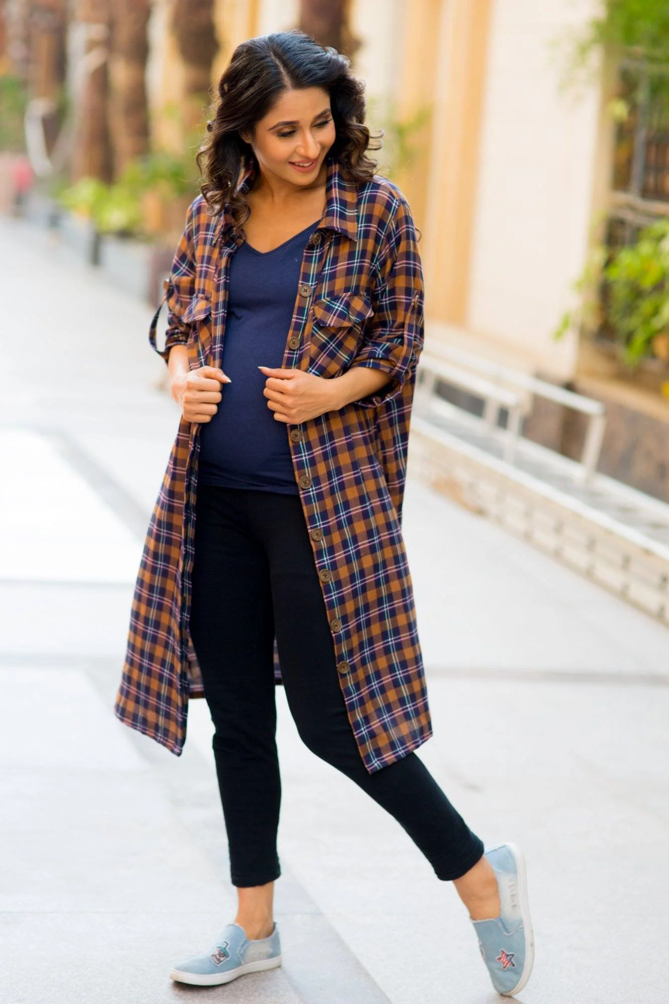 Coffee Brown Plaid Maternity & Nursing Shirt Dress - Chenance
