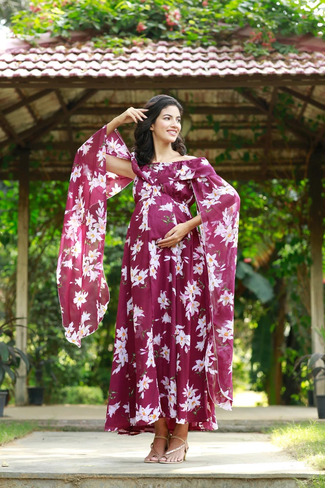 Burgundy Cascading Floral Flying Sleeves Maternity & Nursing Dress - Chenance