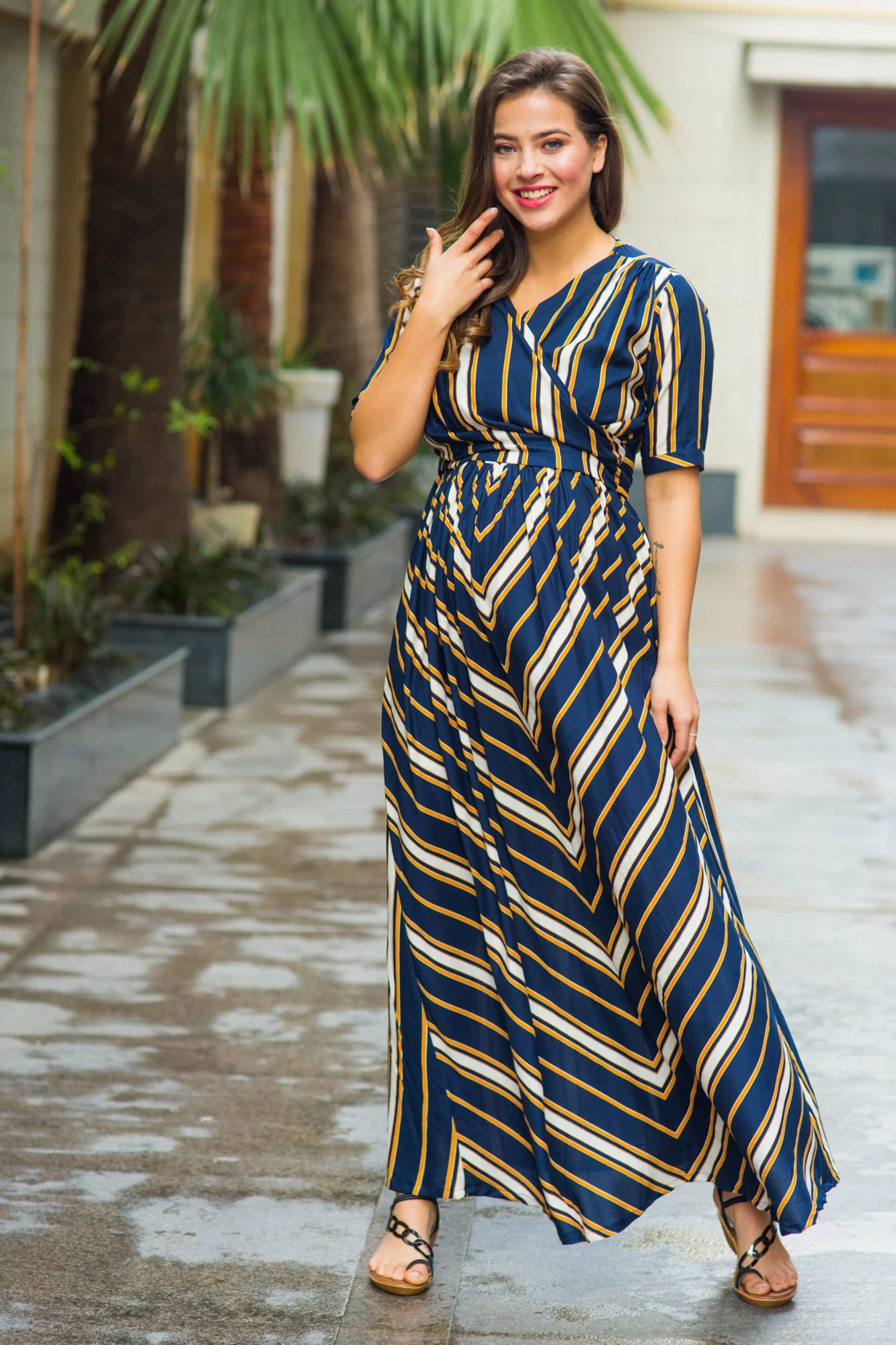 Royal Navy Striped Maternity & Nursing Wrap Dress - Chenance