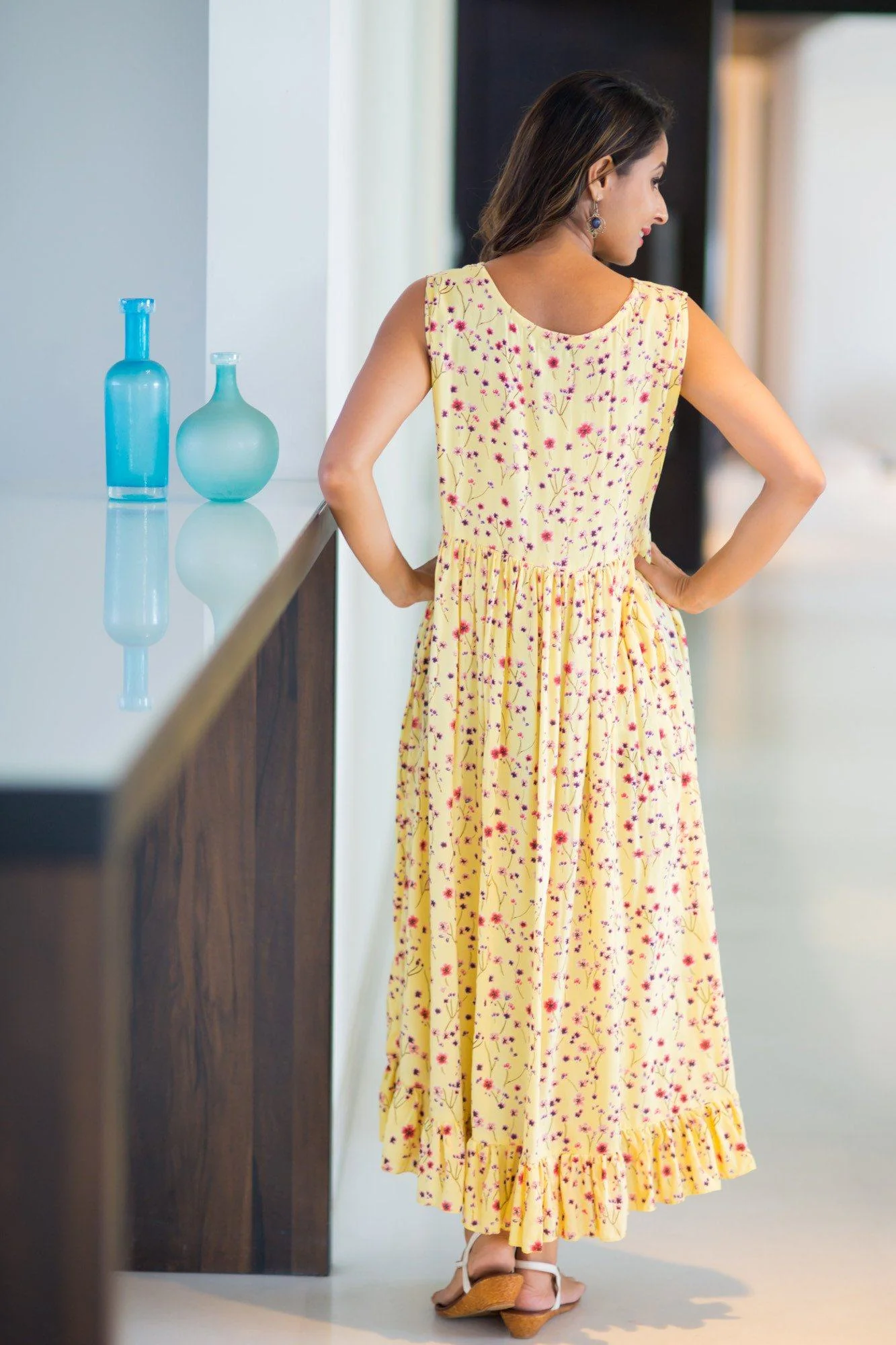 Happy Yellow Frill Concealed Zips Nursing Dress - Chenance