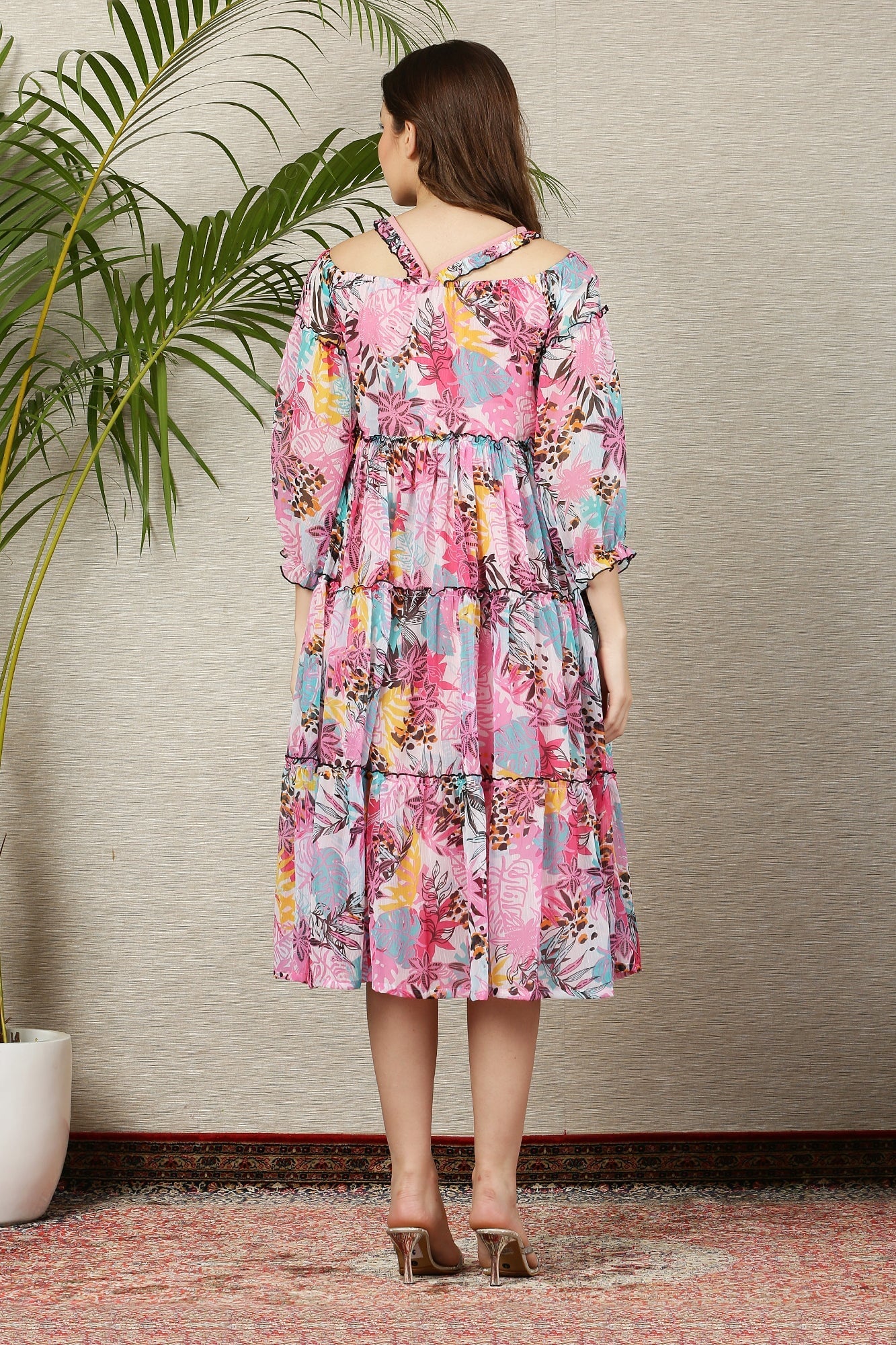 Cascading Retro Leafy Pink Halter Maternity & Nursing Frill Dress - Chenance