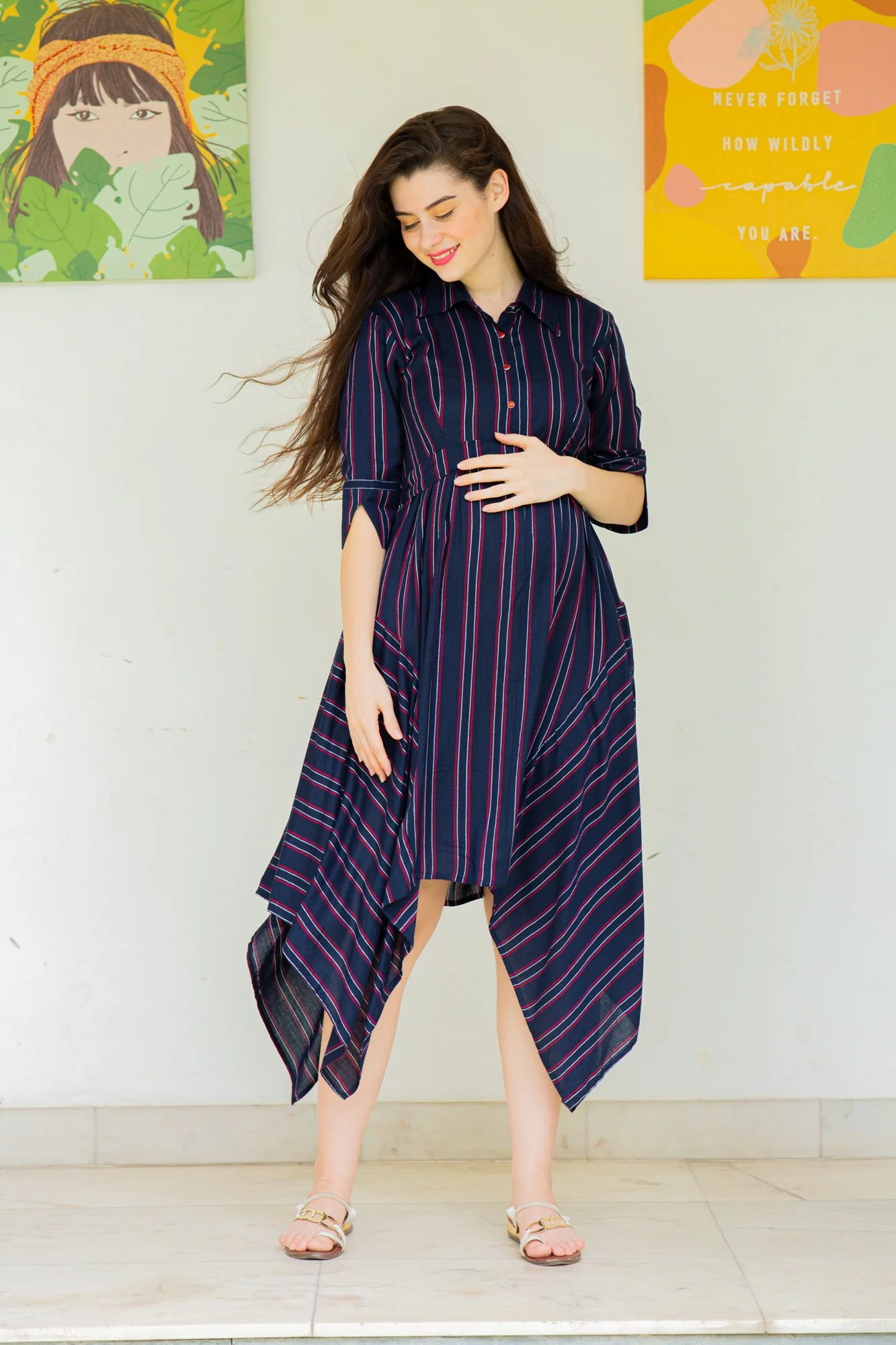 Asymmetrical Stripes Maternity & Nursing Dress - Chenance