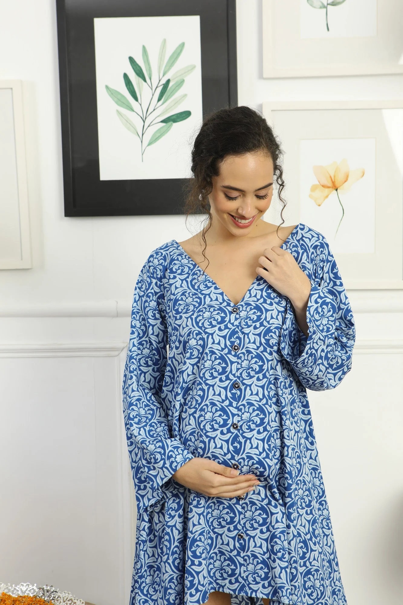 Breezy Intricate Blue Floral Maternity Knee Dress - Chenance