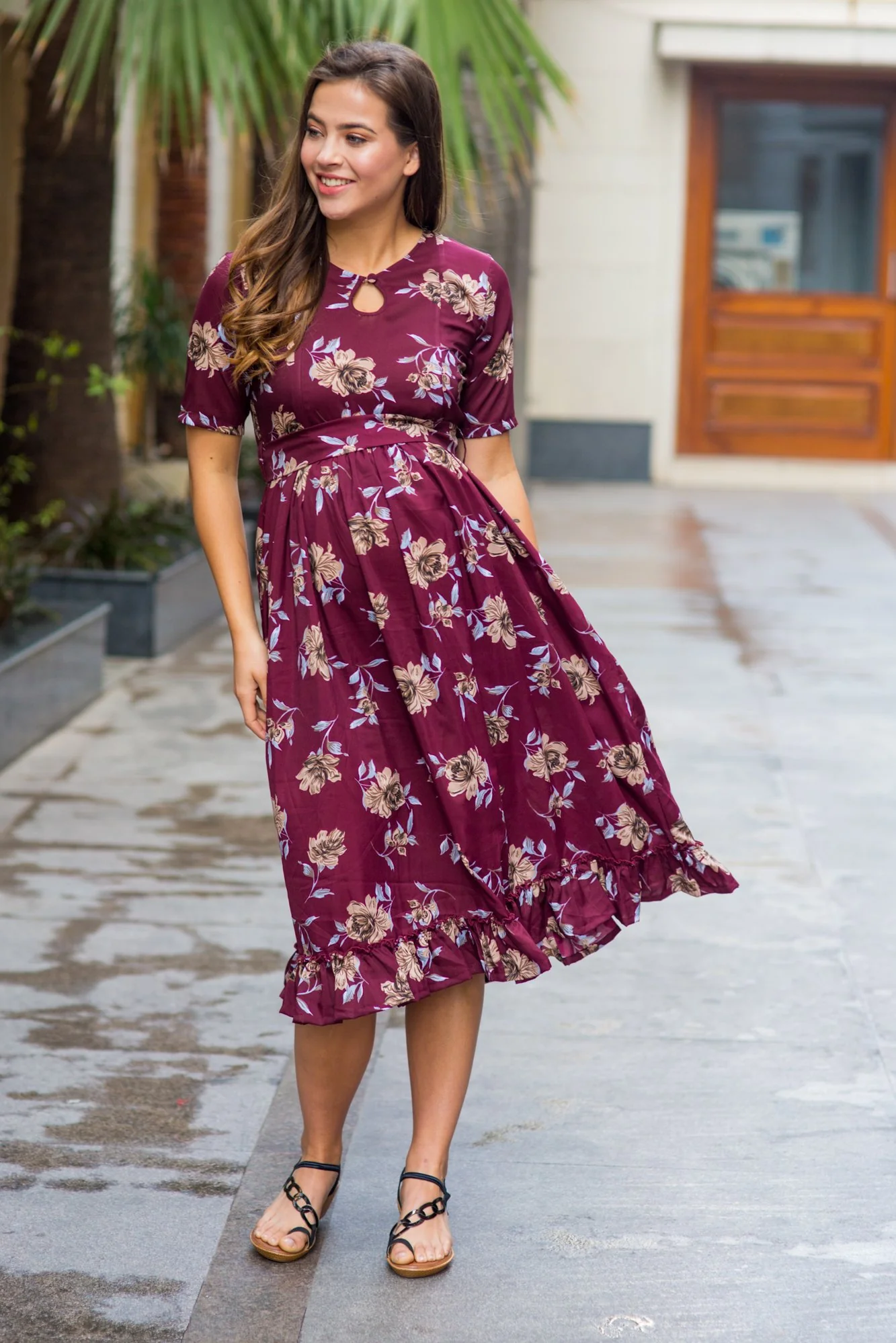 Burgandy Floral Frill Crepe Concealed Zips Maternity & Nursing Dress - Chenance