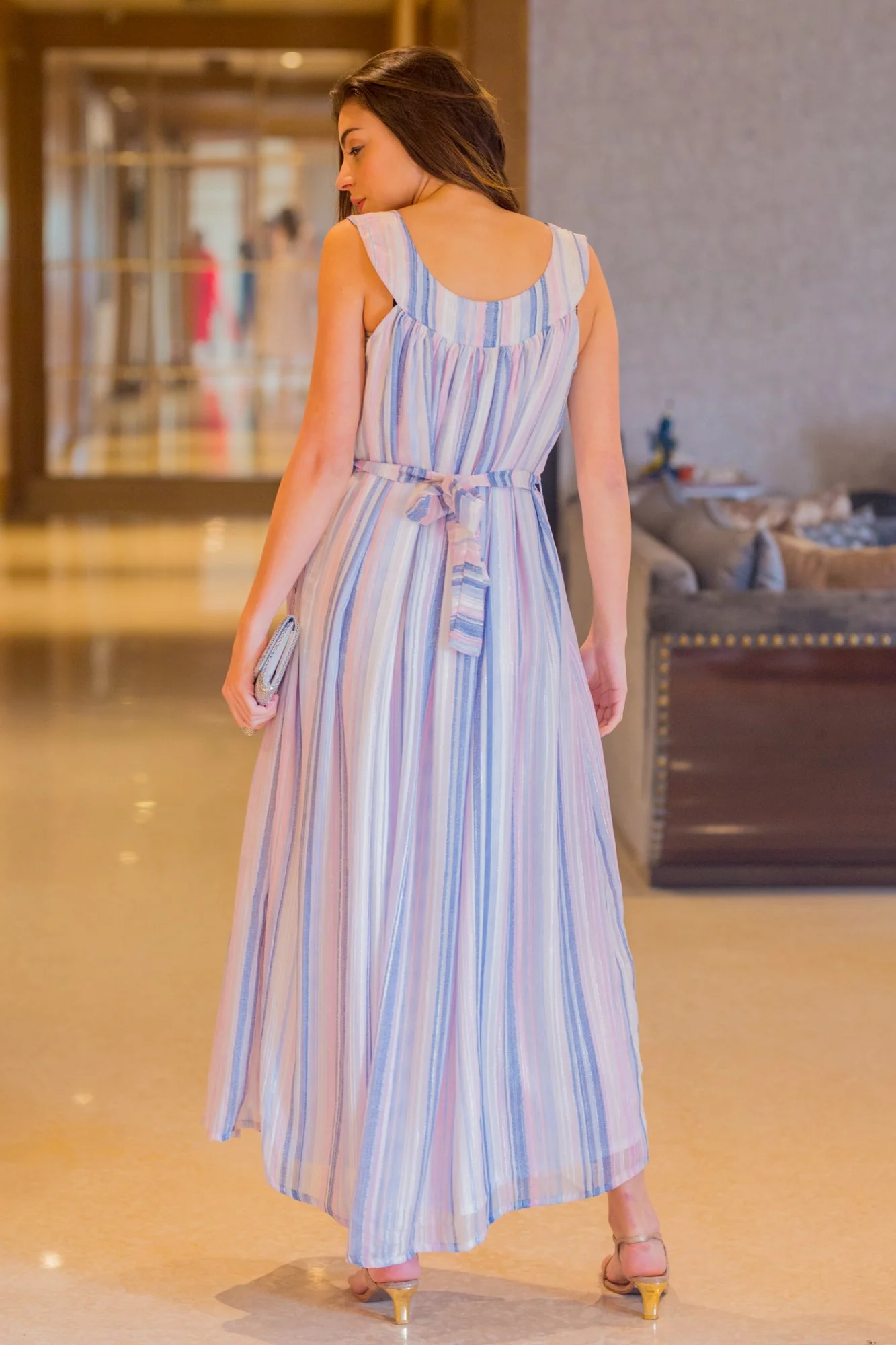 Striped Embellished Sleeveless Maternity Maxi Dress - Chenance