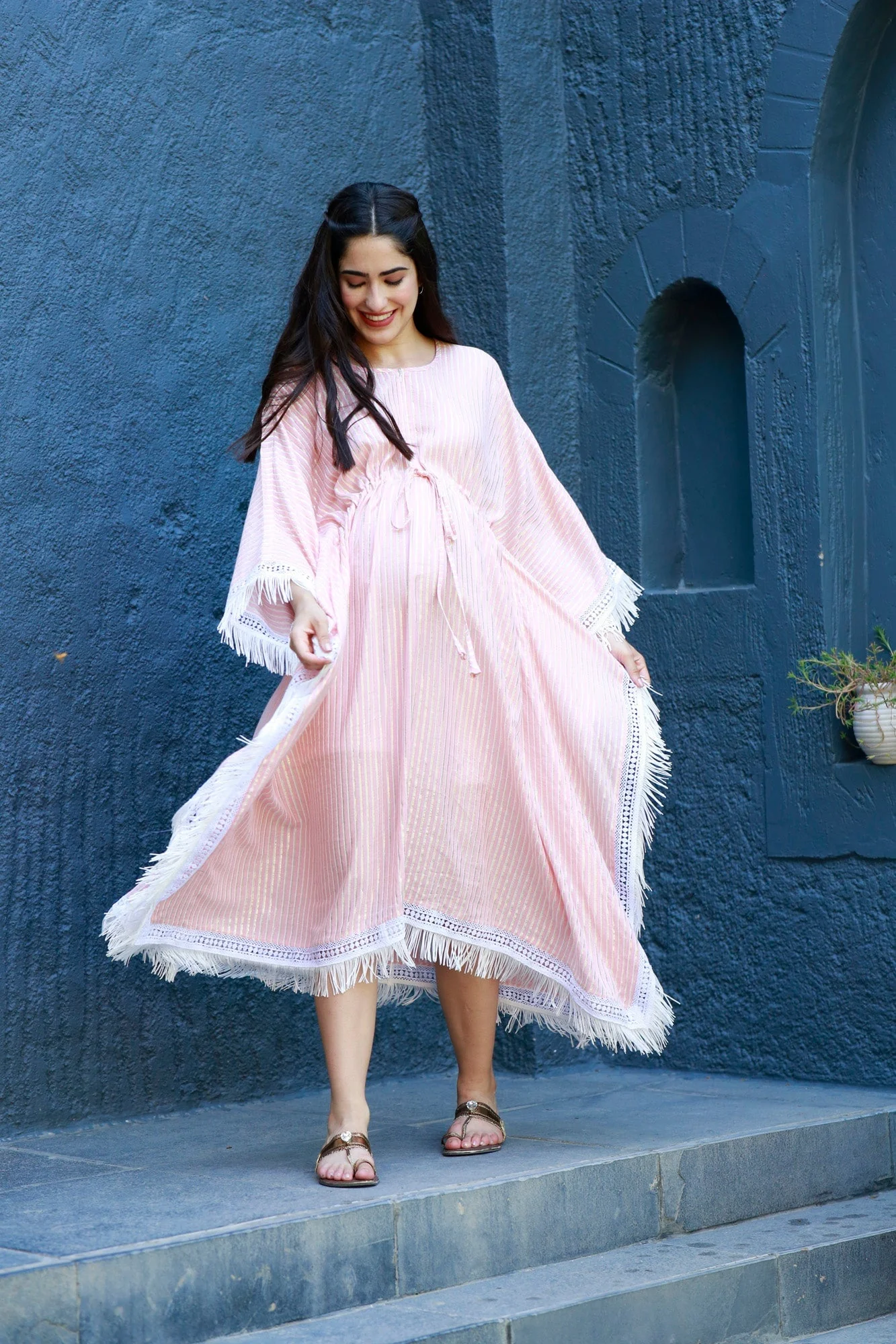 Luxe Coral Shimmer Striped Maternity & Nursing Kaftan - Chenance