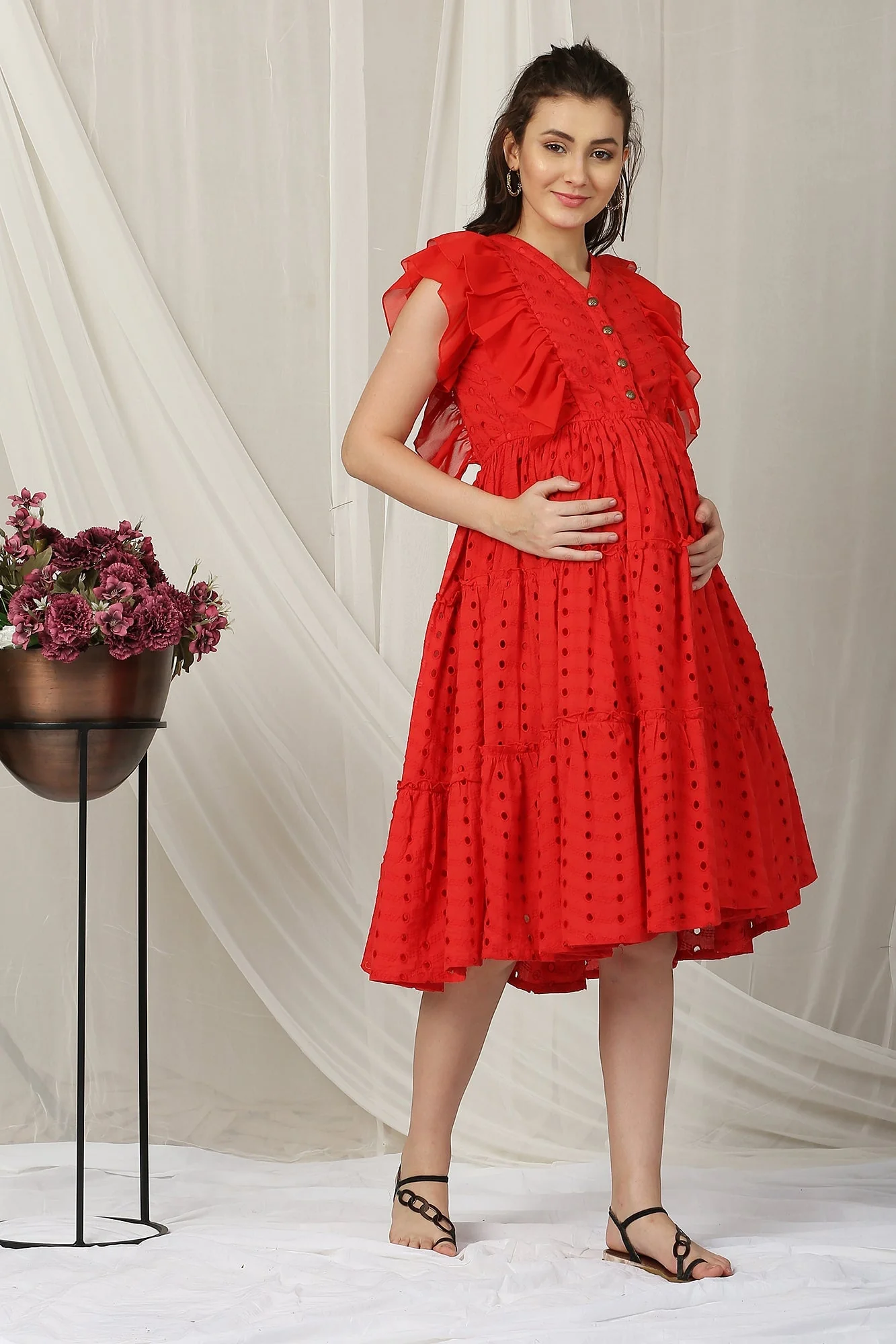 Retro Candy Red Maternity & Nursing Flowy Dress (100% Cotton) - Chenance