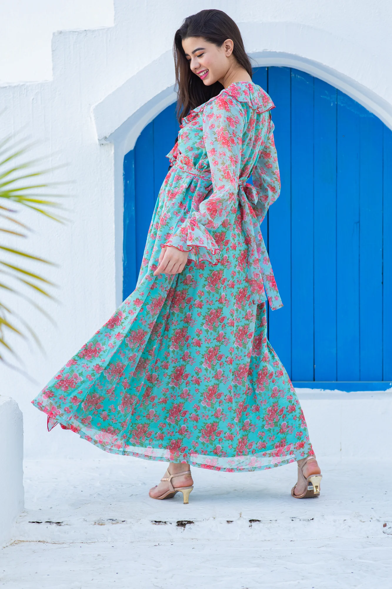 Pretty Aqua Pink Fresh Blossom Maternity Frill Dress - Chenance