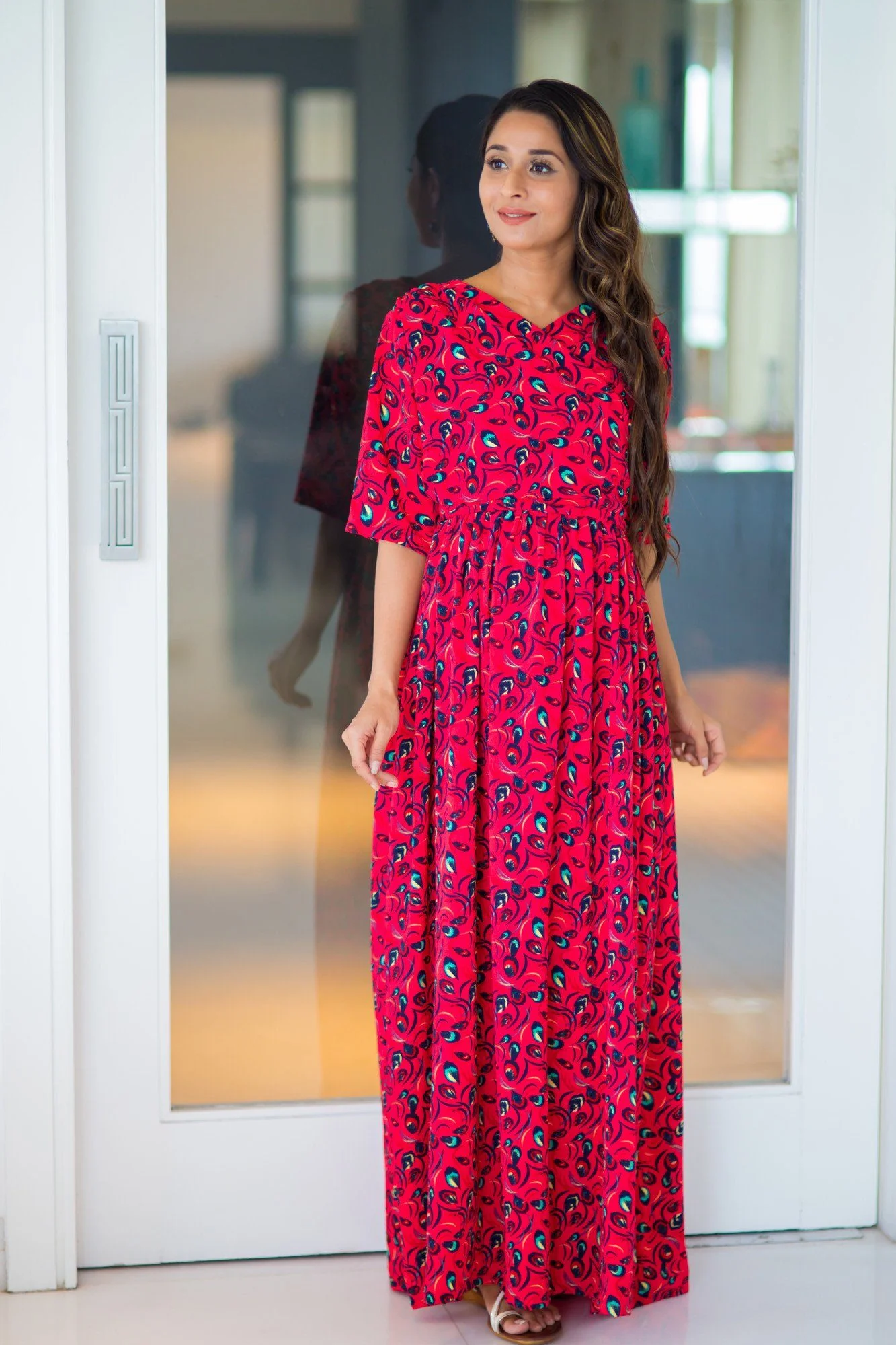 Bubble Crepe Chic Red Maternity & Nursing Wrap Dress - Chenance