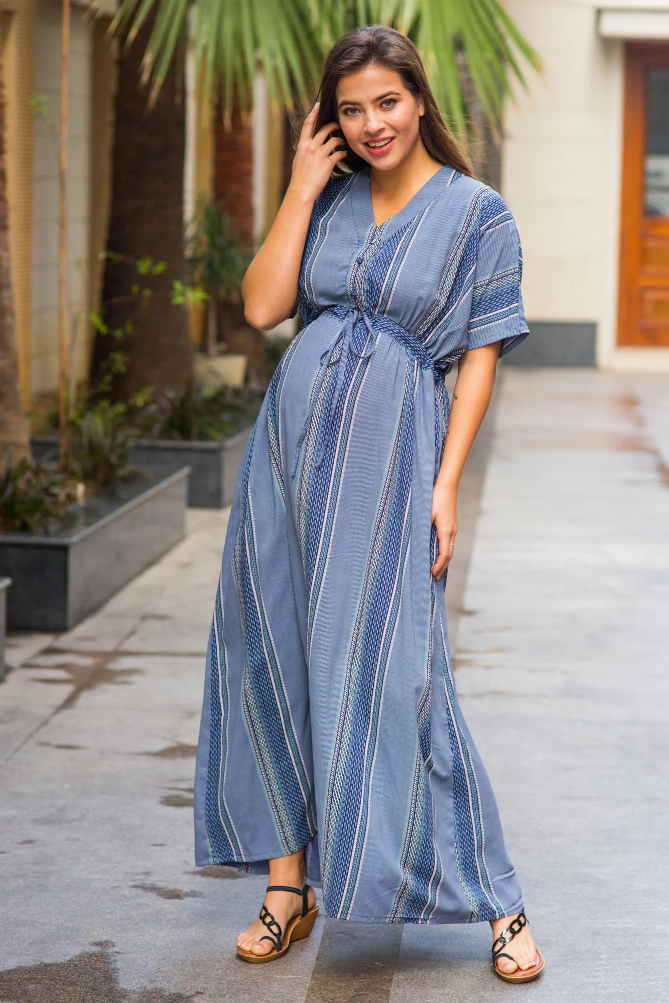 Set of 2 - Kimono Indigo Stripe Delivery Gown + Matching Baby Swaddle - Chenance