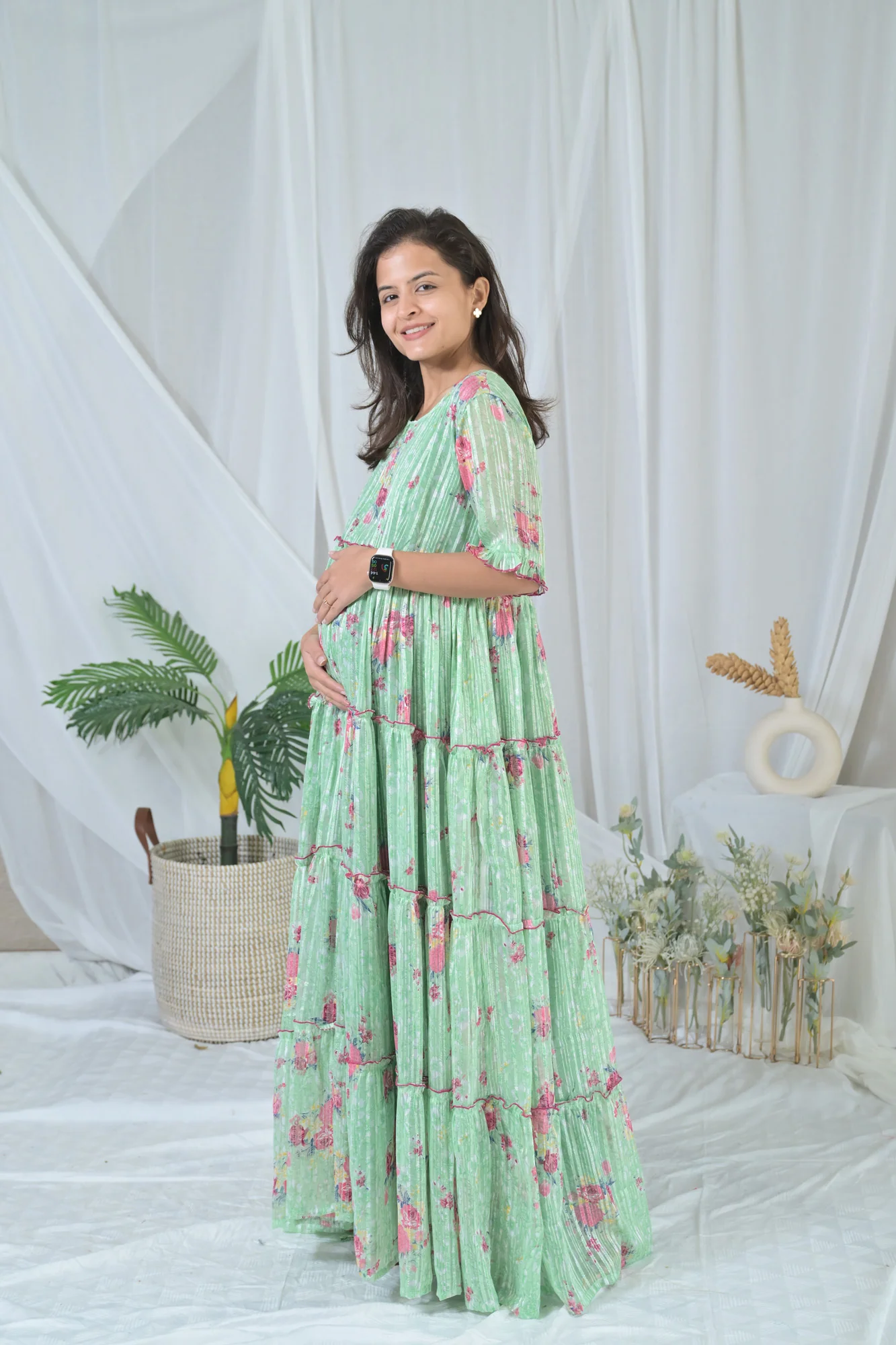 Graceful Mint Green Frill Maternity & Nursing Dress - Chenance
