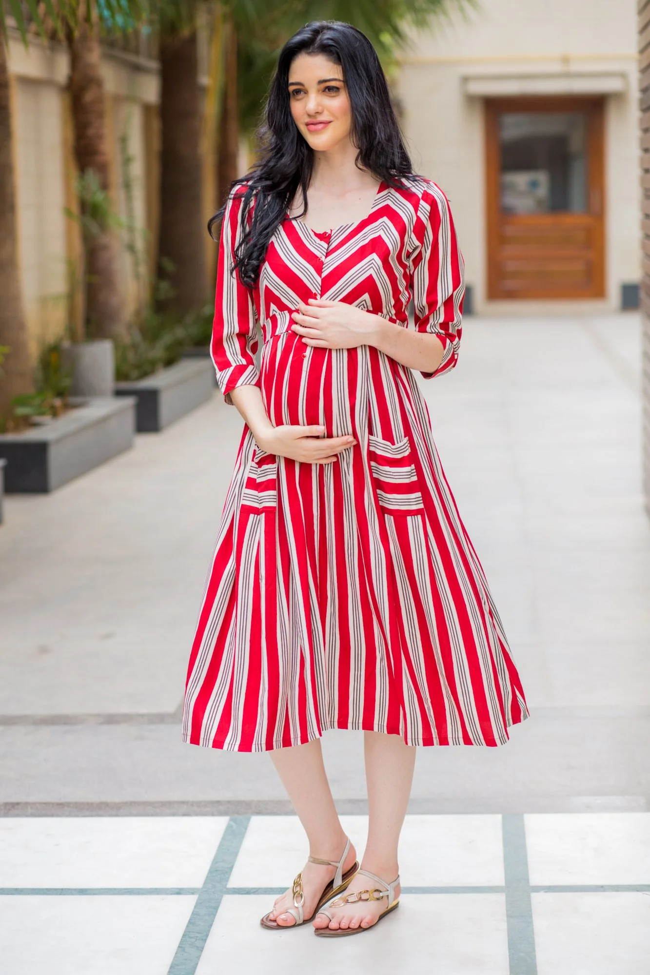 Unique Maroon Pocket Striped Maternity & Nursing Dress - Chenance