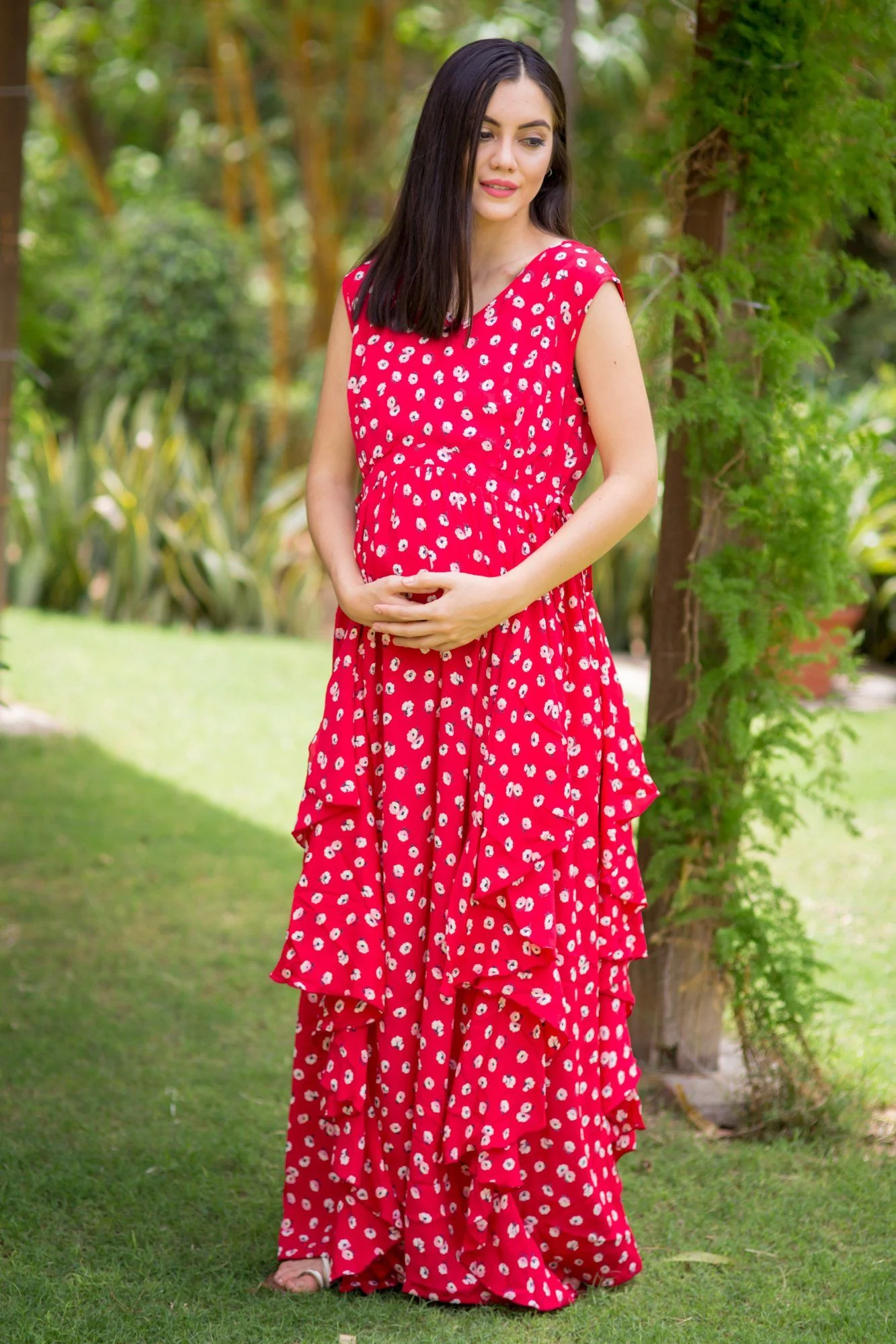 Luxe Cherry Red Floral Maternity Dress - Chenance