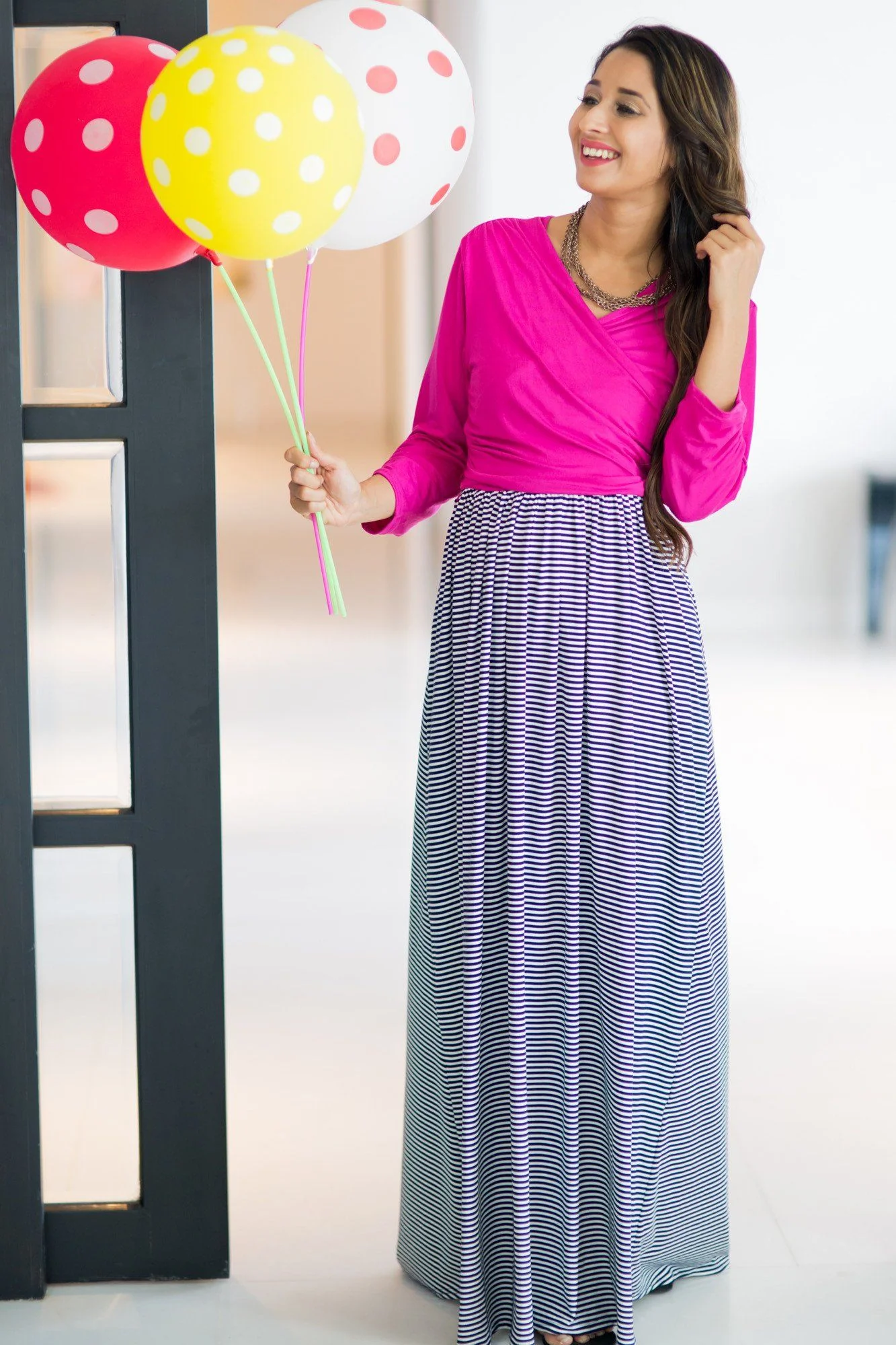 Striped Pink Contrast Front Wrap Maternity & Nursing Dress - Chenance