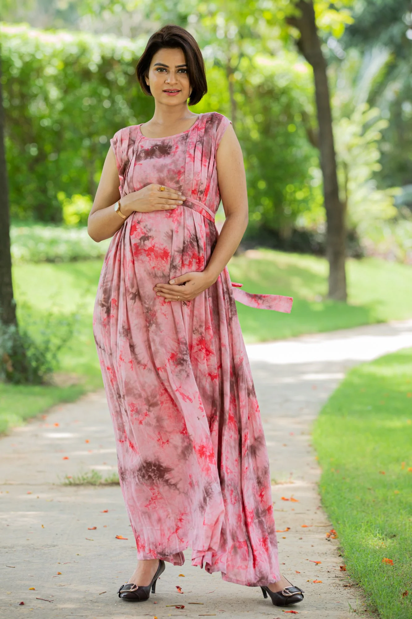 Rustic Pink Pintucks Concealed Zips Dress - Chenance