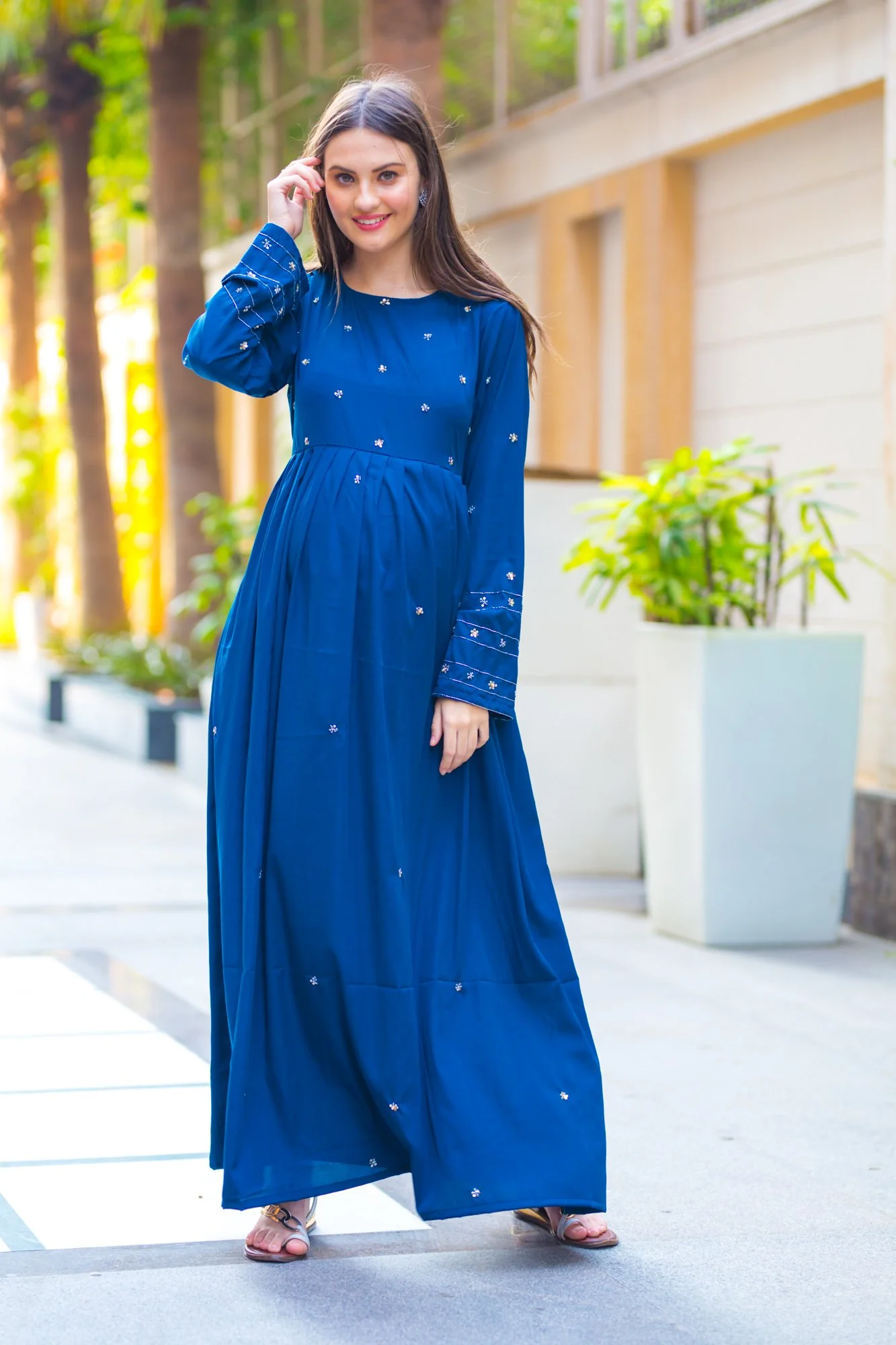 Premium Cobalt Blue Hand Embroidered  Maternity Dress - Chenance