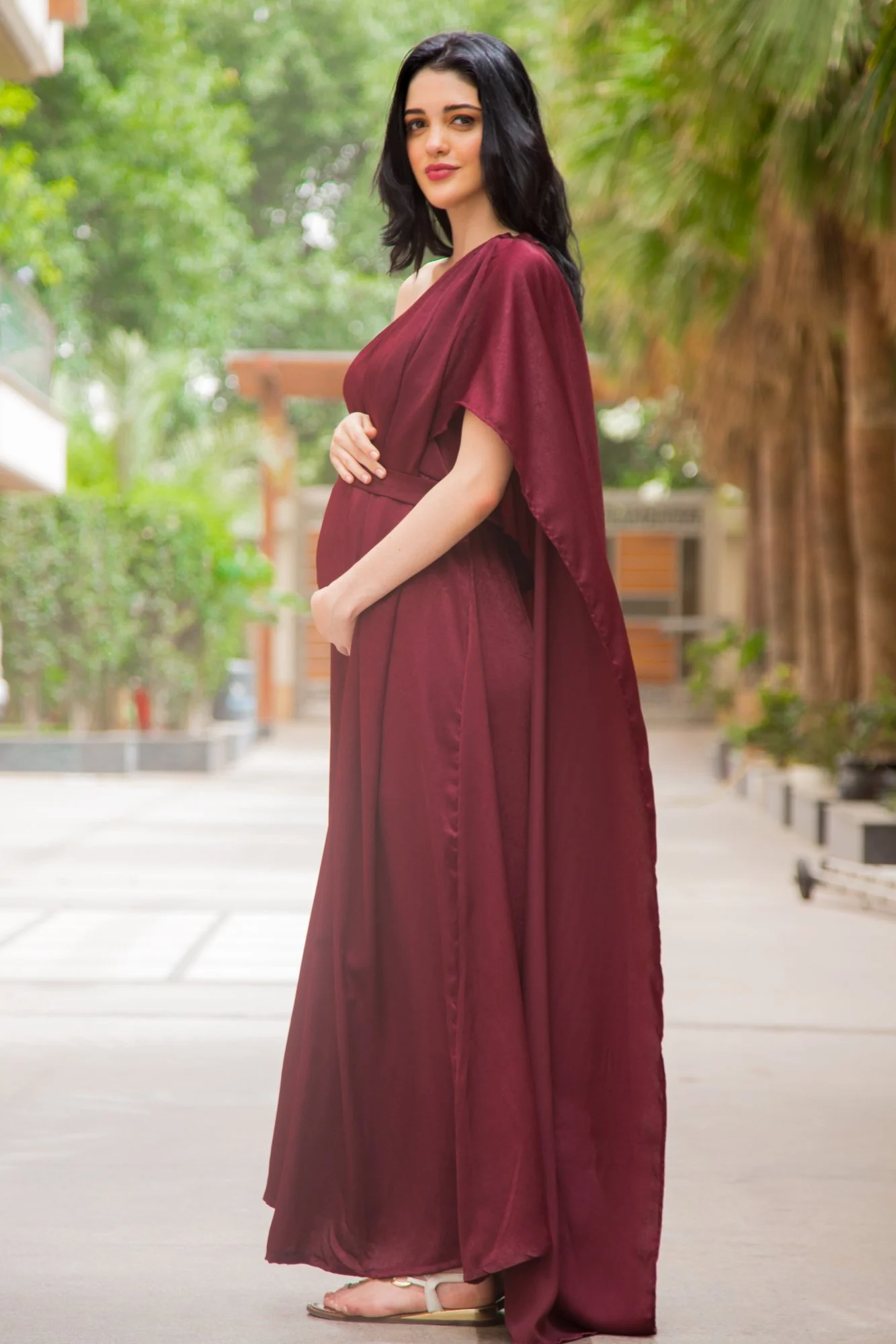 Luxe Red Berry One Shoulder Floral Maternity Gown - Chenance
