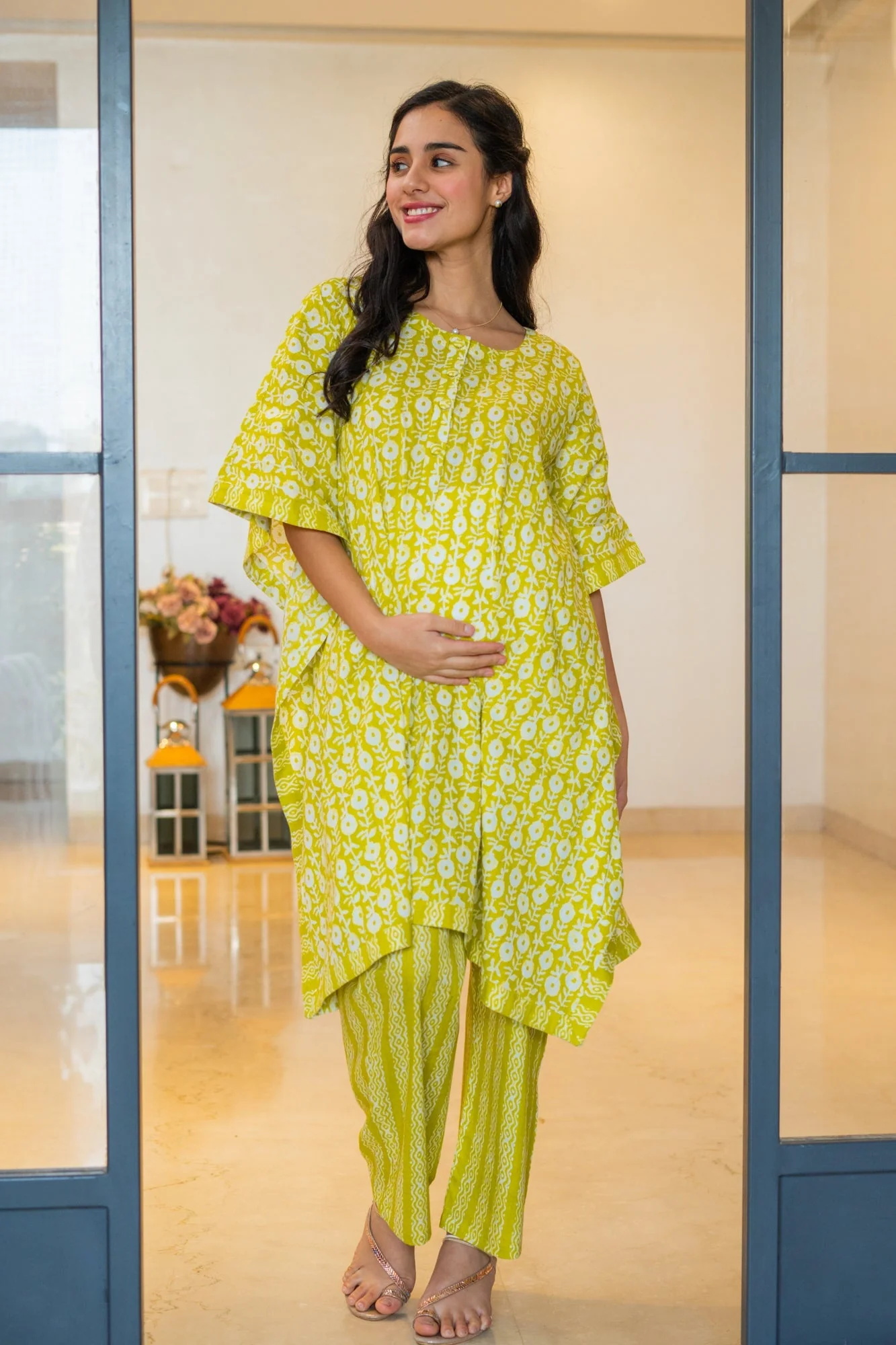 Beautiful Lime Green Maternity & Nursing Kaftan Coord Set (100% Cotton) (2 pc) - Chenance