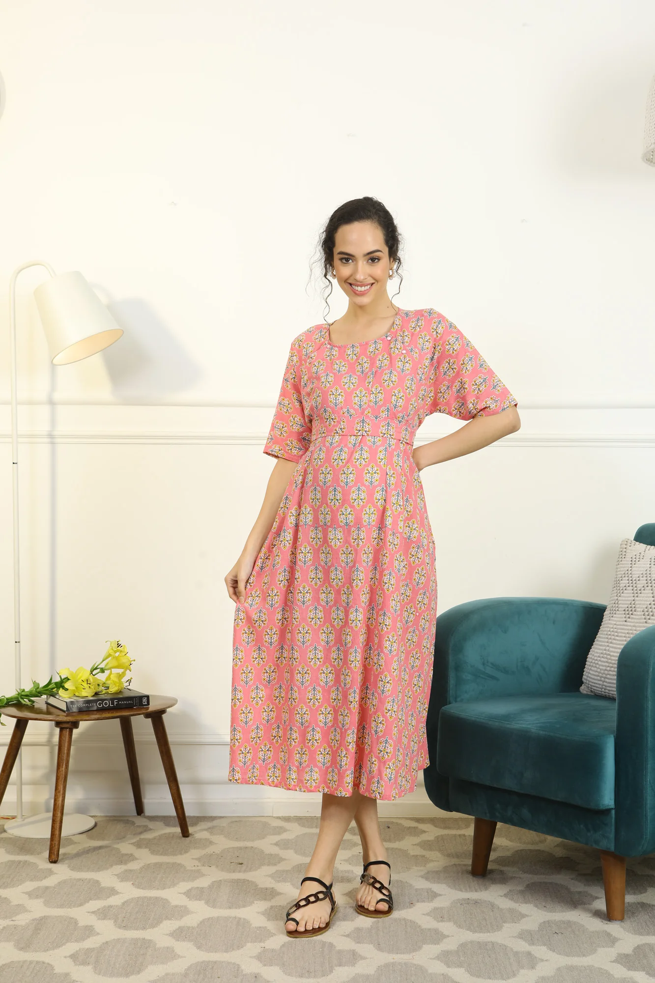 Restful Blossom Coral Shoulder Snap Delivery Gown + Matching Baby Swaddle Set Of 2 - Chenance