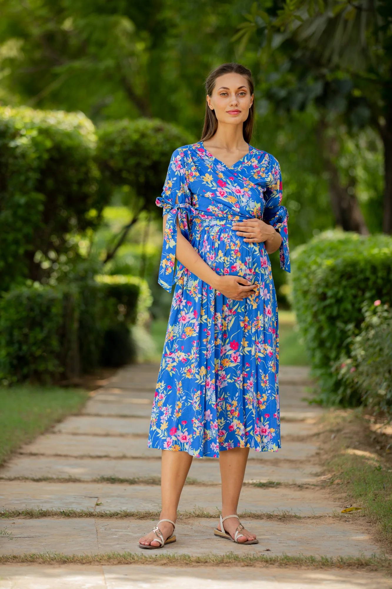 Royal Blue Floral Maternity & Nursing Midi Wrap Dress - Chenance